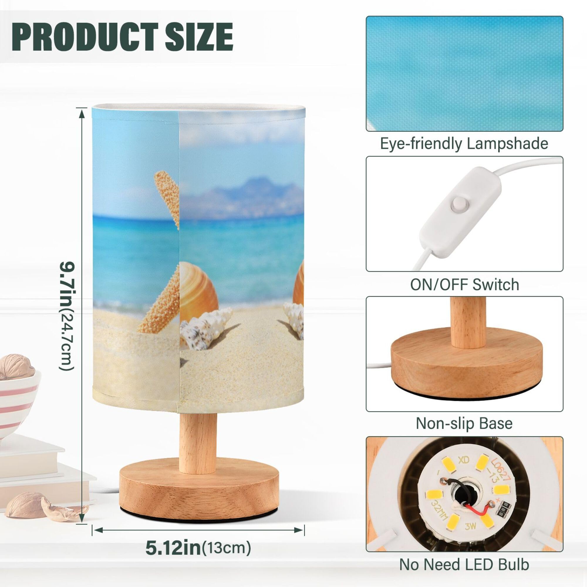 Yyzzh Table Lamp Ocean Beach Starfish Seashell Stone Blue Sky Nightstand Lamp With Wood Base Fabric Lamp Shade Bedside Desk Lamp