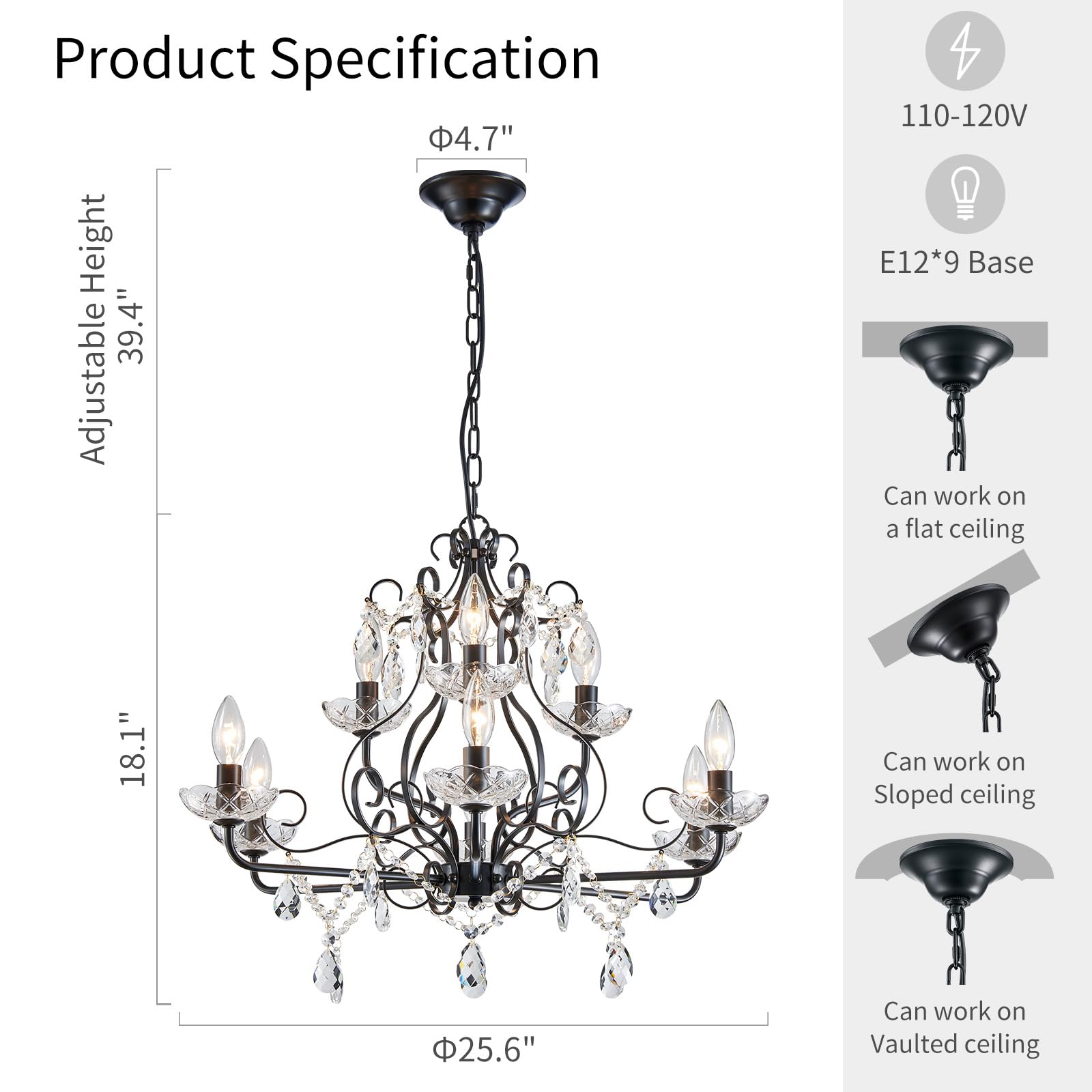 Wuzups 9-Light Crystal Candle Chandelier Pendant Flushmount Ceiling Light Modern Lighting Fixture For Bedroom Hallway Bar Kitchen Bathroom  H 18.1 X W 25.6  Black  E12 Base