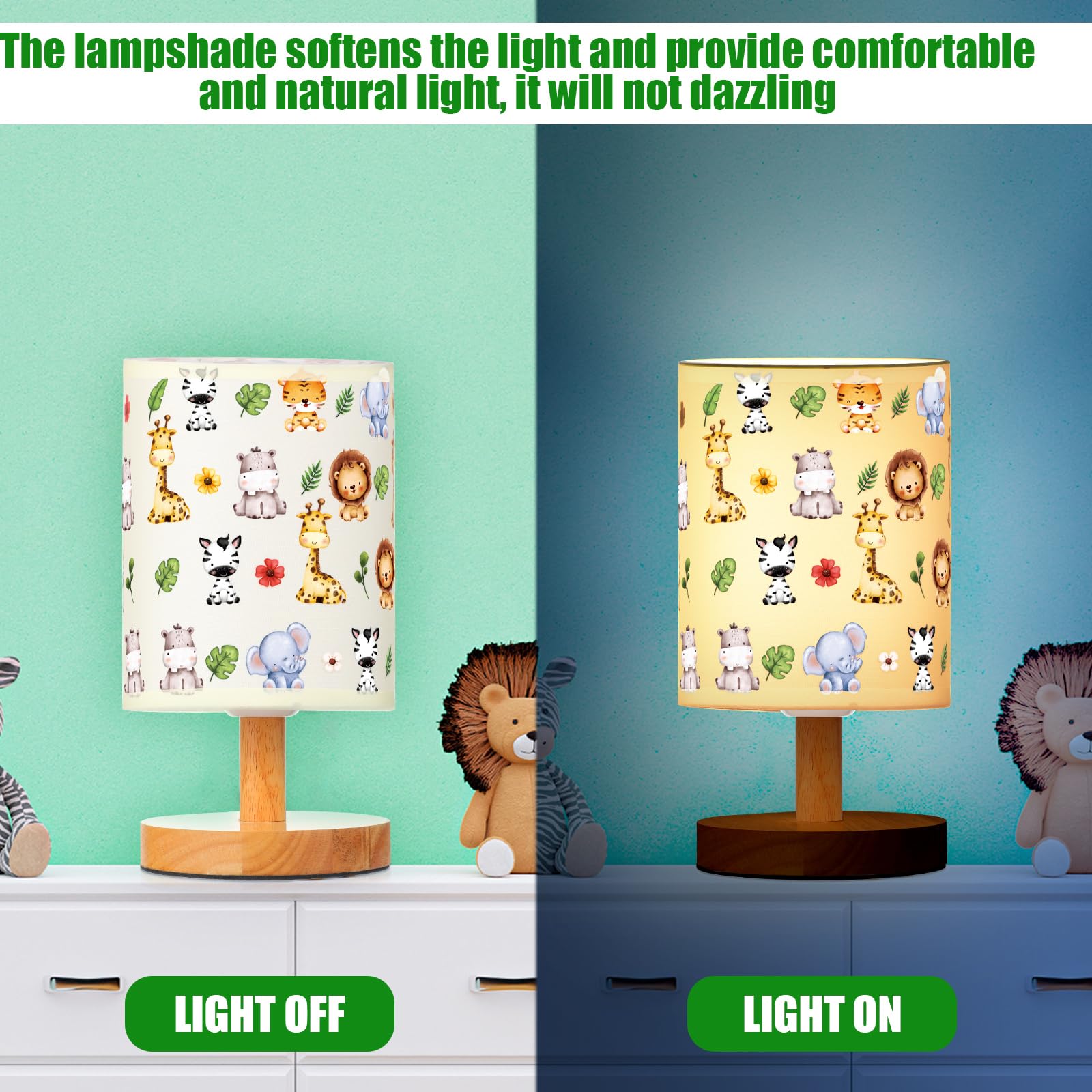 Vihose Safari Animal Table Lamp For Bedroom Kids Bedside Lamp With Linen Wooden Nightstand Lamp Cartoon Nursery Lamp Lampshade F