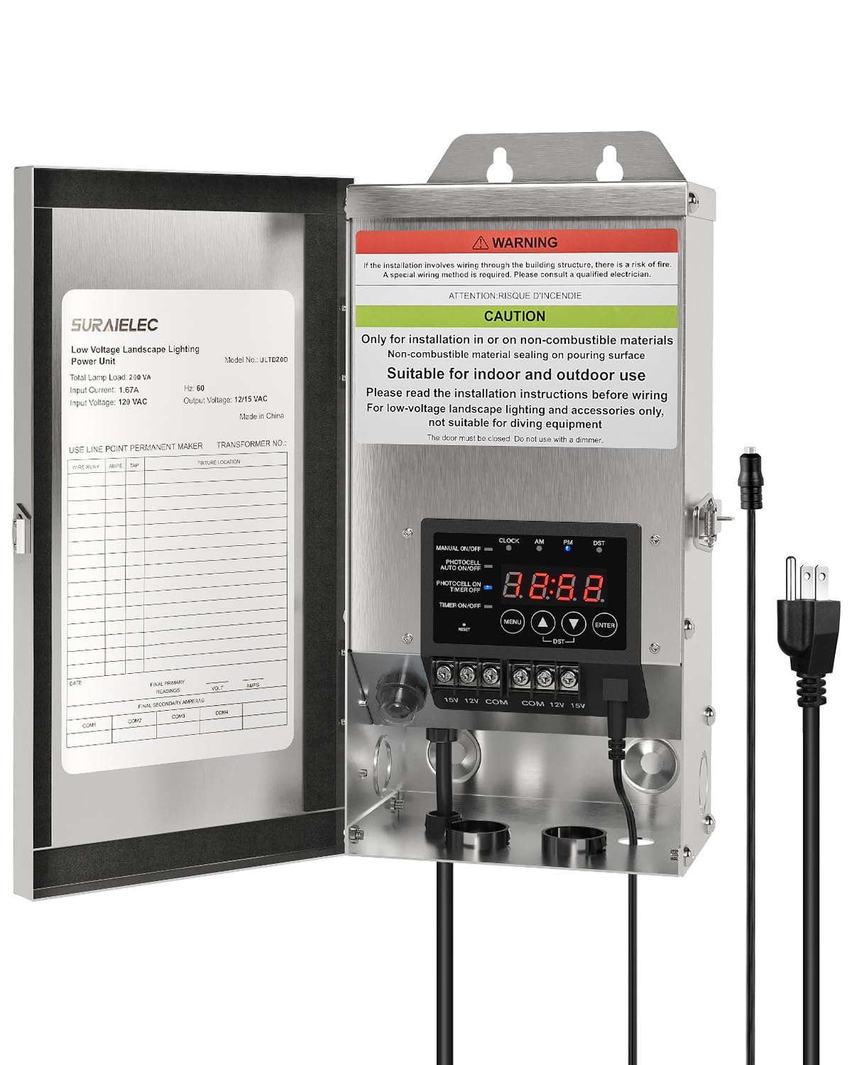 Suraielec 200W Low Voltage Landscape Transformer (12V/15V Ac), Outdoor Transformers For Landscape Lighting, Detachable Photocell Sensor & Digital Timer, Stainless Steel, 5Ft Power Cord, Etl Listed