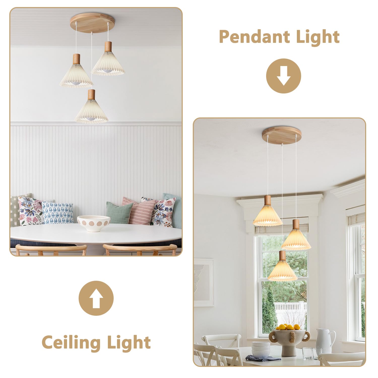 Kco 3-Light Vintage Pleated Chandelier - Industrial Farmhouse Wood Pendant Lighting