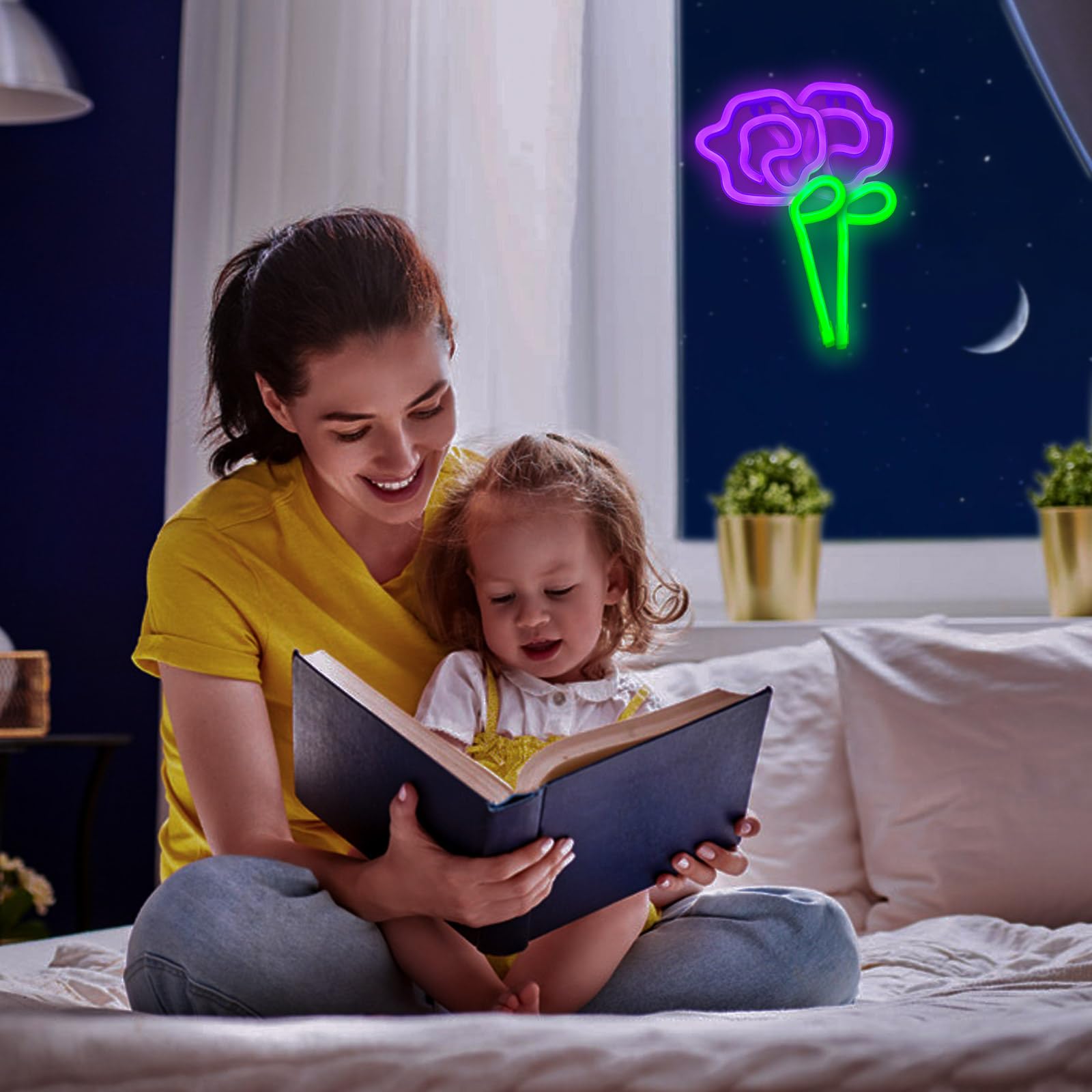 ENUOLI LED Neon Rose Flower Wall Sign, Green Stem, Purple Color, Model nNH.G053PP+GG, Ideal for Bedroom, Party, and Holiday Decor