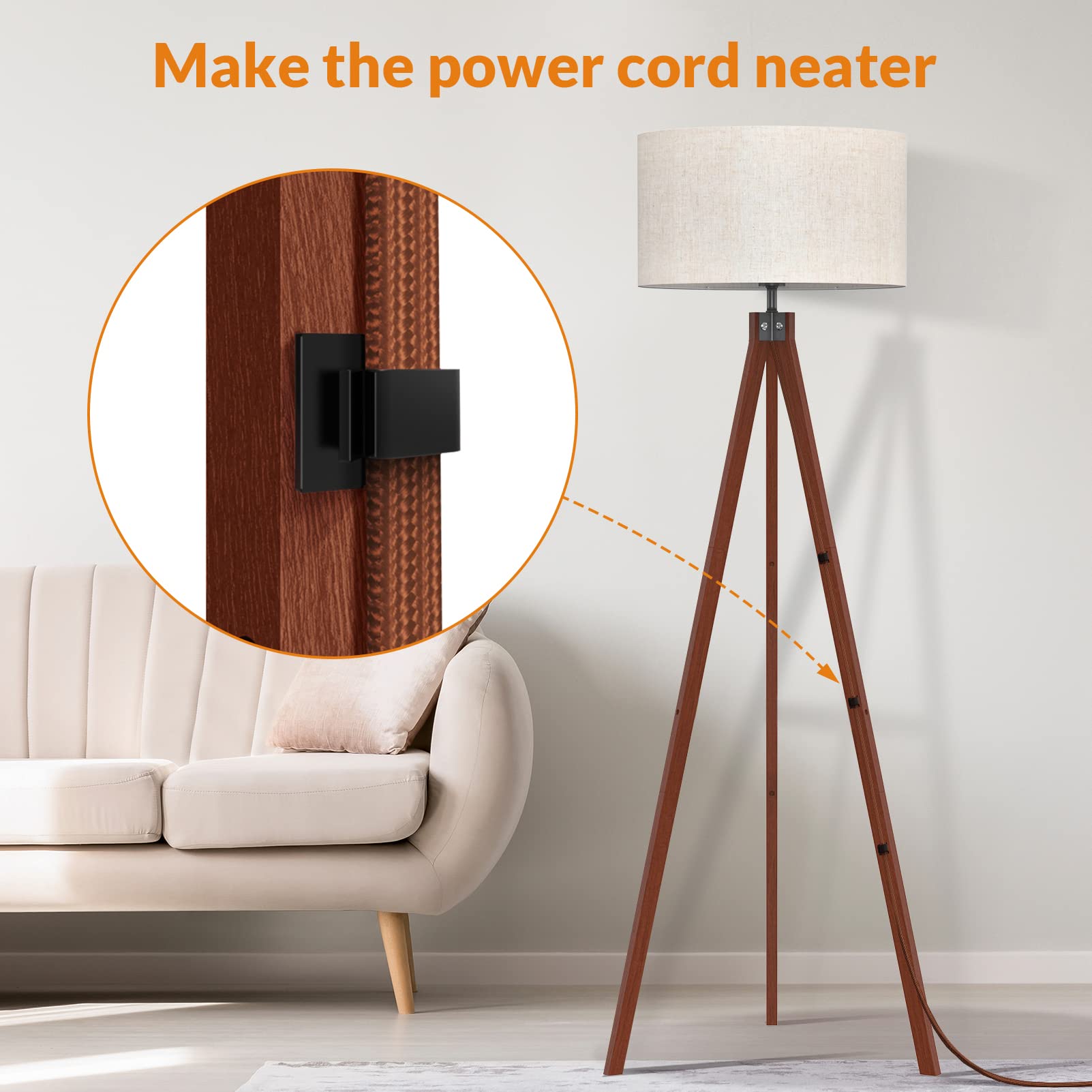 LEPOWER Wood Tripod Floor Lamp, Modern Design, Flaxen Shade, Model UF1101, Brown Tripod Holder