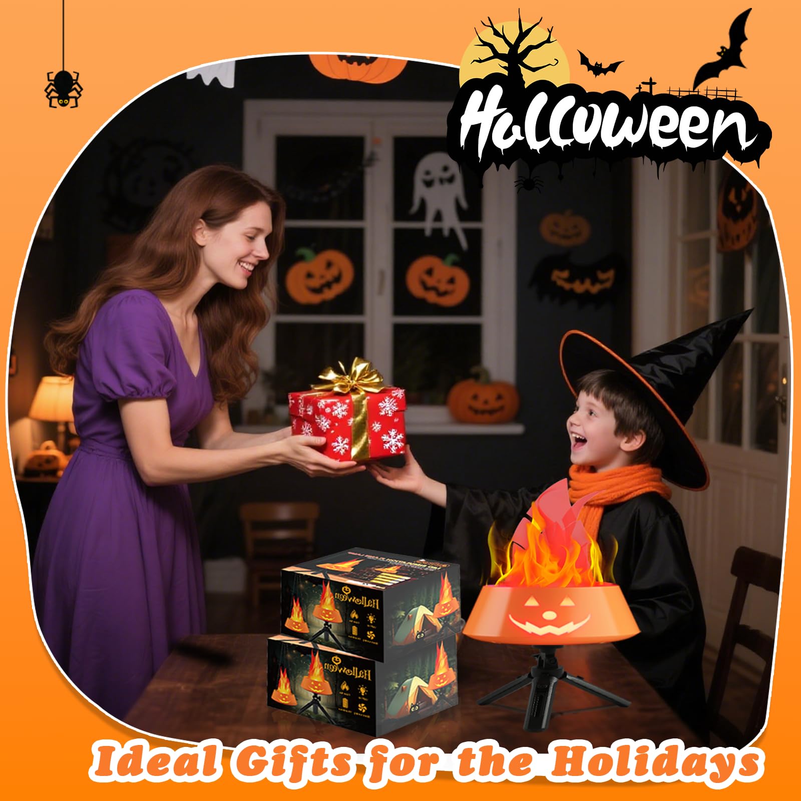 Halloween Decorations Indoor Outdoor  Collasis Halloween Decor Pumpkin Lights Hanging 3D   Fire Effect Lamp  Vintage Table Decor Lighting Lanterns Battery Operated Rechargeable For Party Home Yard