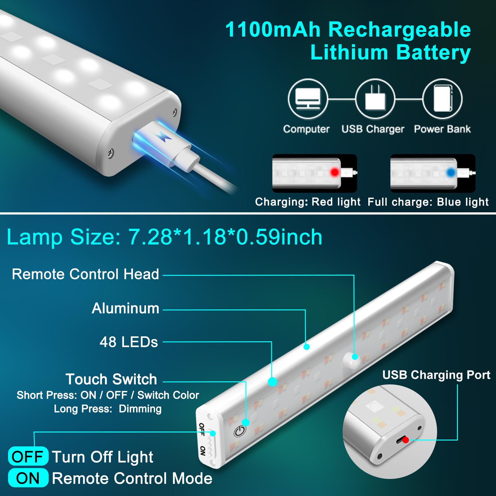 LAJOSO LED Under Cabinet Lights, Dimmable, Wireless, 6 Pack, 15 Color RGB Light Bars, Aluminum, Model 8126