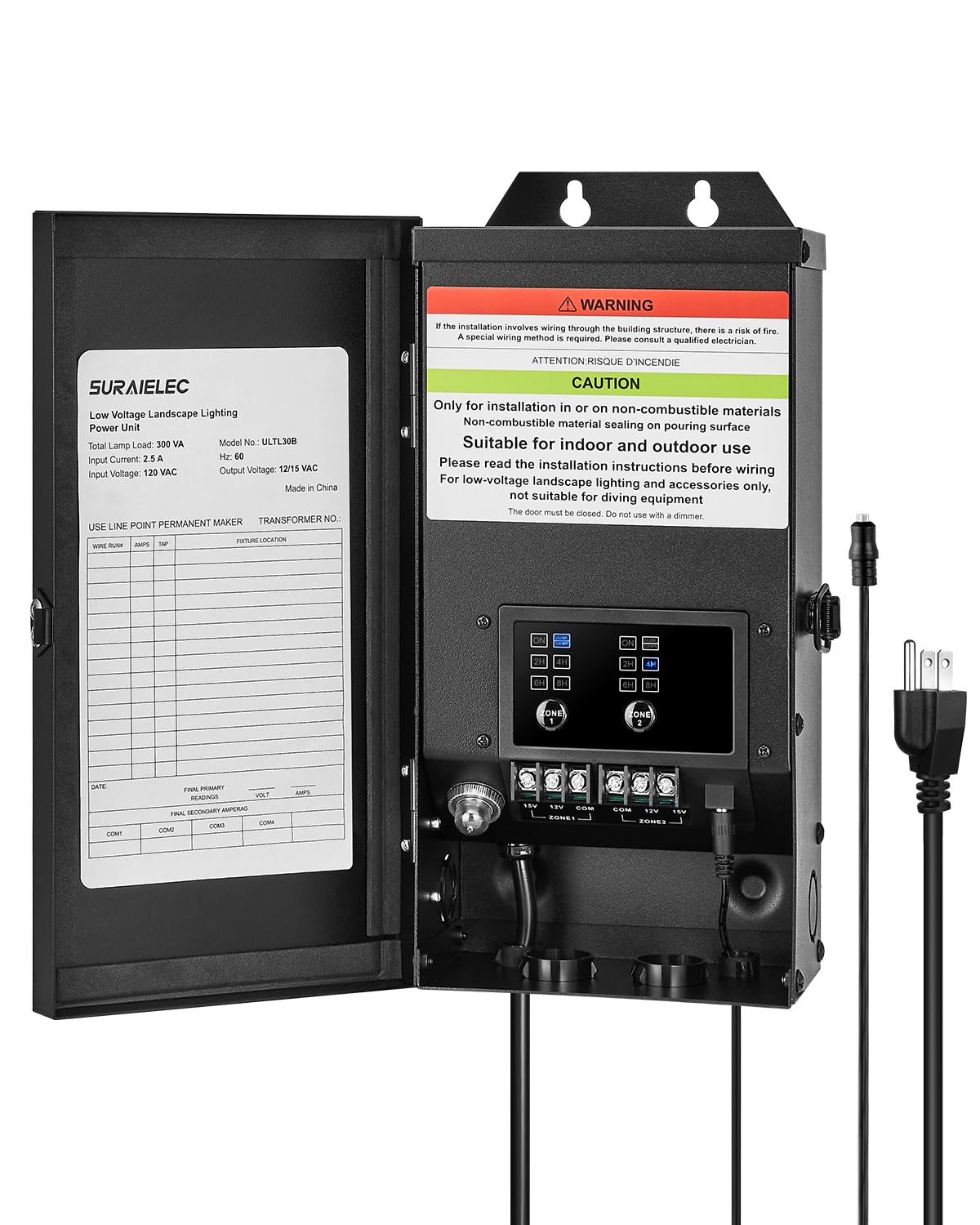 SURAIELEC 300W Low Voltage Landscape Transformer with 2 Independent Outputs, Indoor Outdoor Light Transformer with Timer and Pho