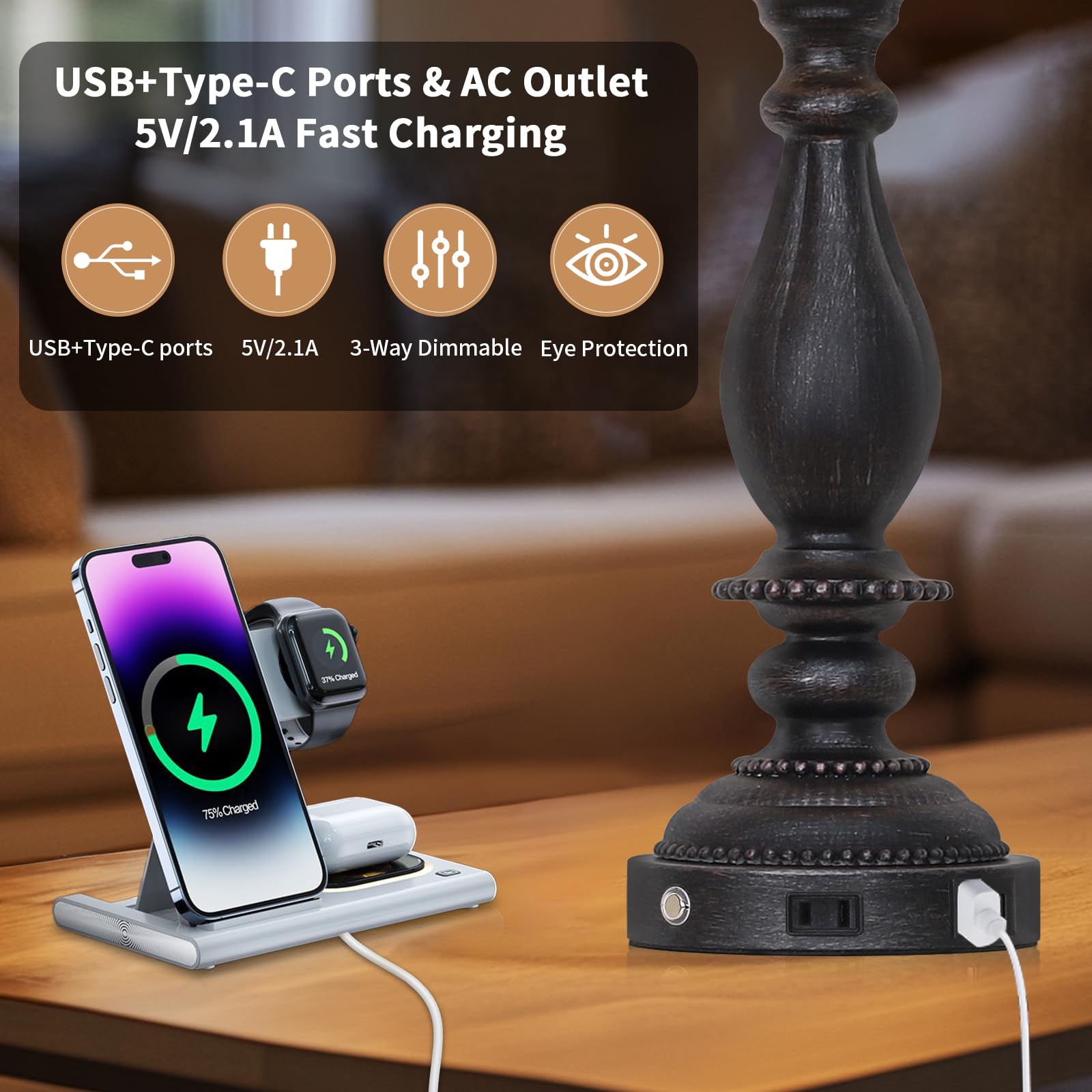 Cinsary 28'' Tall Farmhouse Table Lamps For Living Room Set Of 2,Vintage Rustic Black Bedside Touch Lamp With Usb C+A Ports & Ac