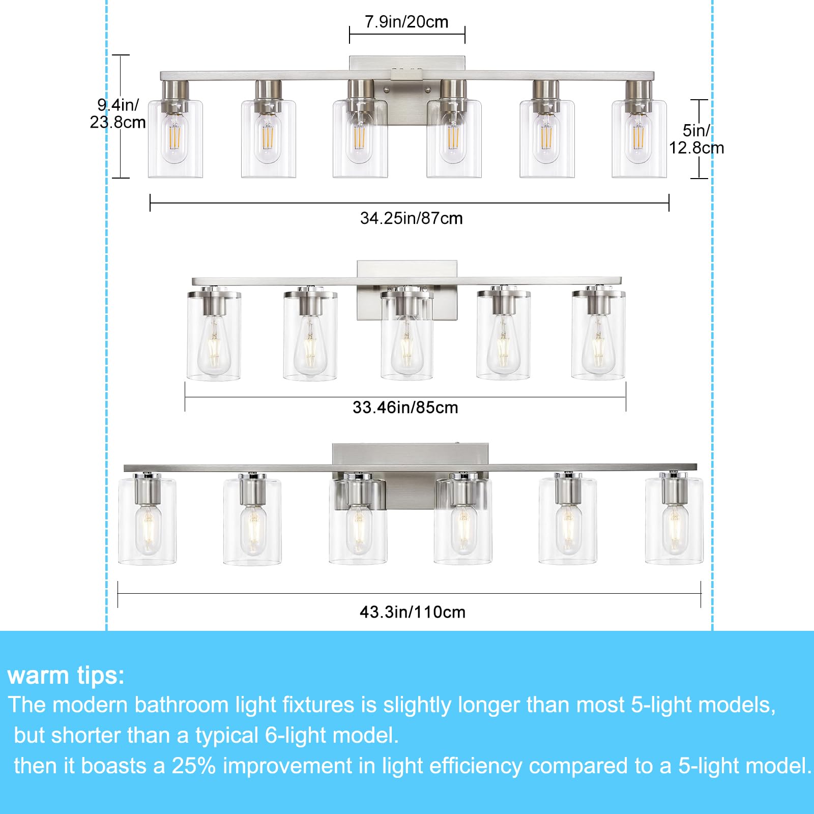6 Light Bathroom Light Fixtures, Bathroom Vanity Light With Clear Glass, Brushed Nickel Bathroom Lighting Fixtures Over Mirror,