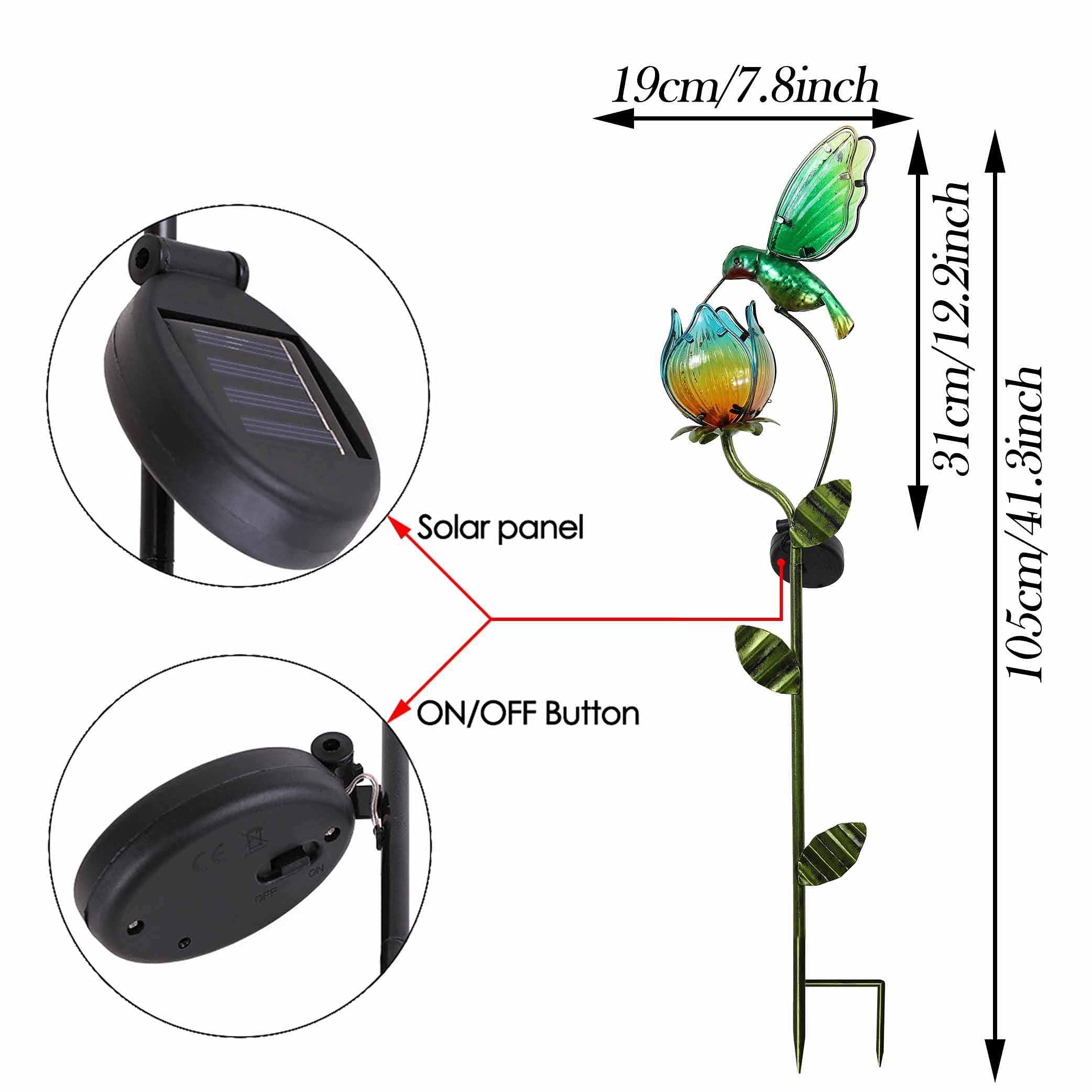 Teresa'S Collections Solar Glass Flower Bird Light, 41'' Metal Tulip & Hummingbird Garden Decor