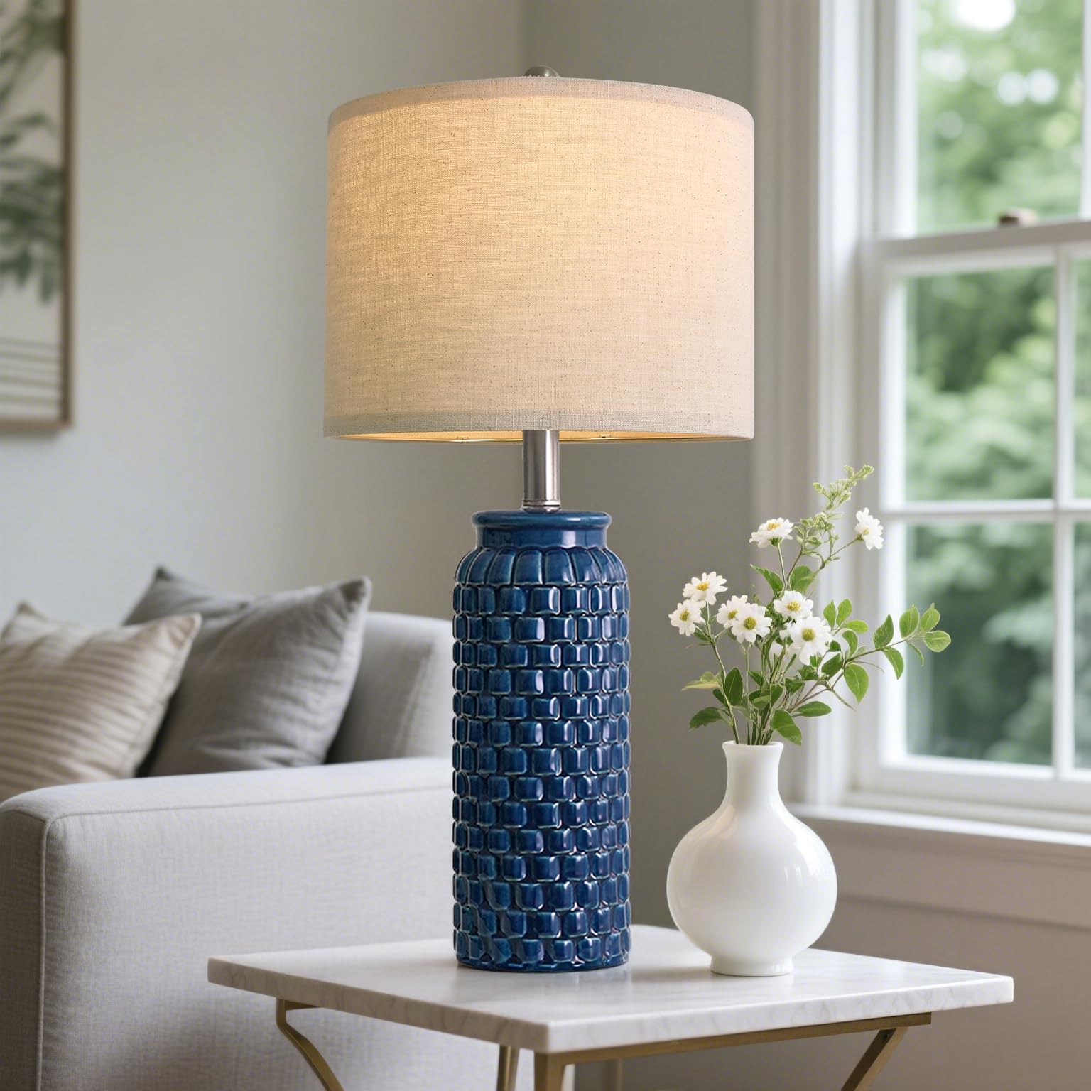 Usumkky 24 Inches Modern Ceramic Dark Blue Bedside Lamp Set Of 2 For Bedroom Decor Farmhouse Table Lamp For Living Room Office D