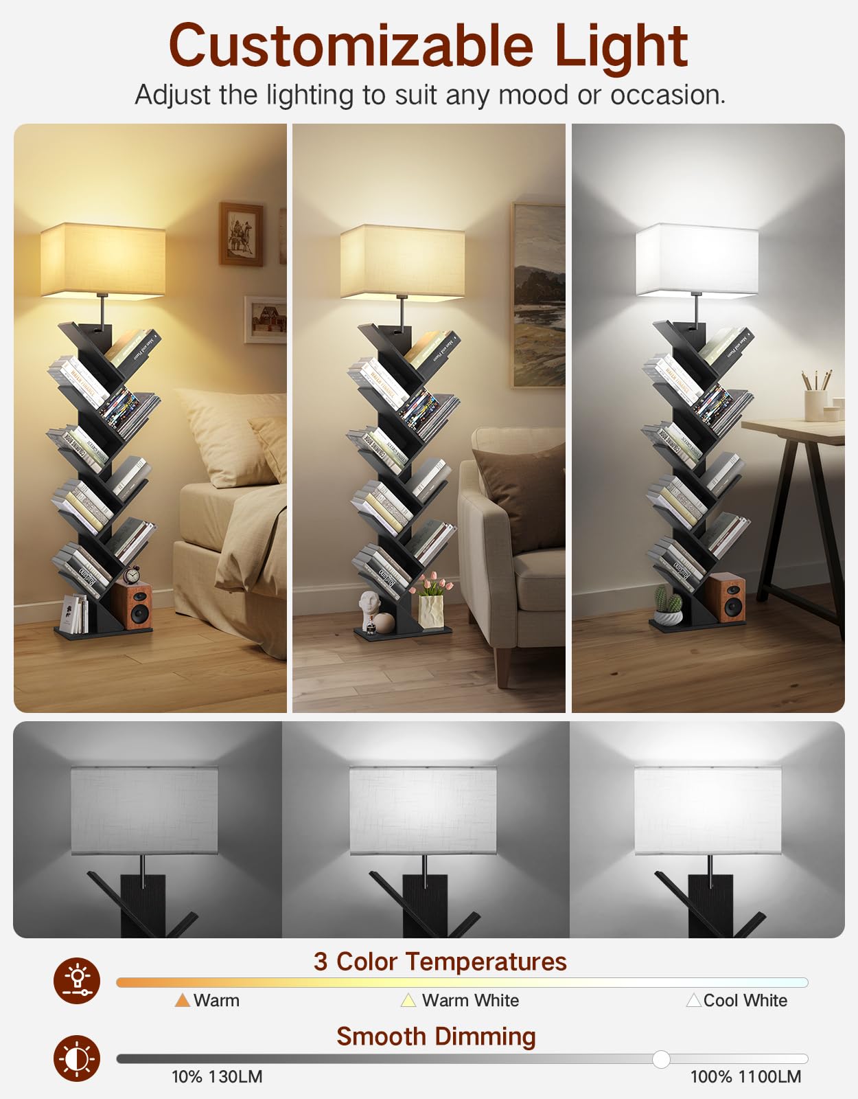 Outonlife 9 Tier Tree Bookshelf With Light, Remote & Timer, Dimmable Tall Floor Standing Lamp, Narrow Wood Bookcase, Small Book