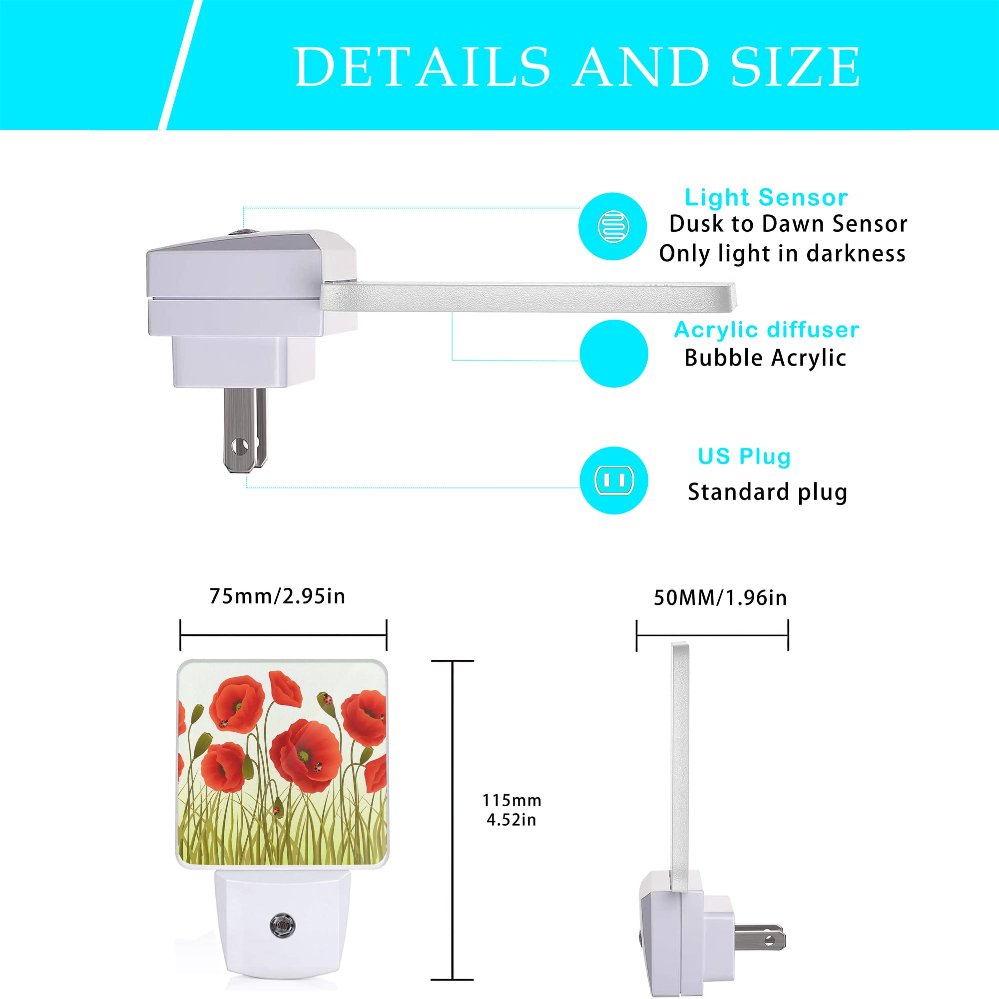 Oeaskly Red Flowers Night Light,Red Poppy Flowers And Ladybugs Plug-In Night Lights With Dusk-To-Dawn Sensor For Stairway/Hallwa