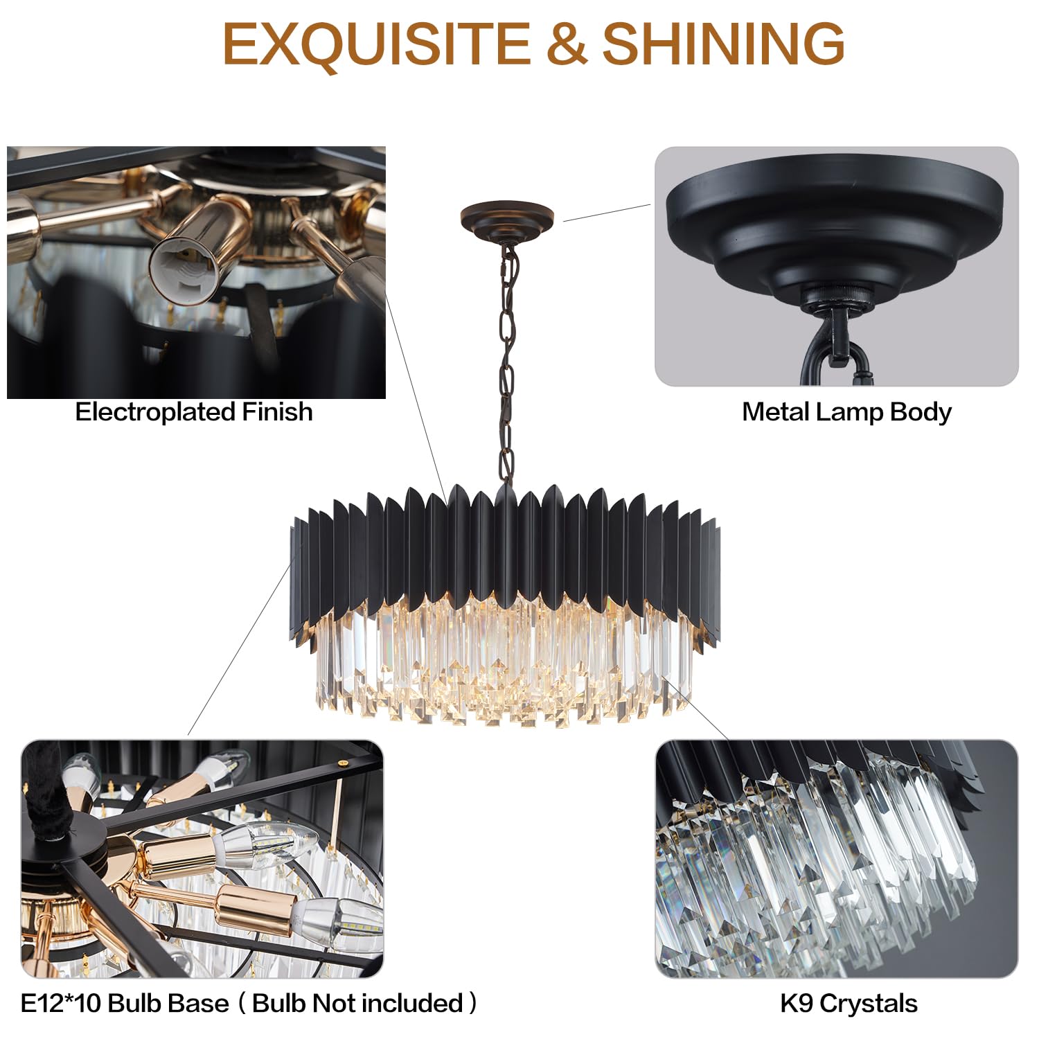 YOLIZUOT Black Crystal Chandelier 24" K9 Pendant Light, 5-Tier Modern Design for Dining Room, Living Room, Kitchen, Foyer