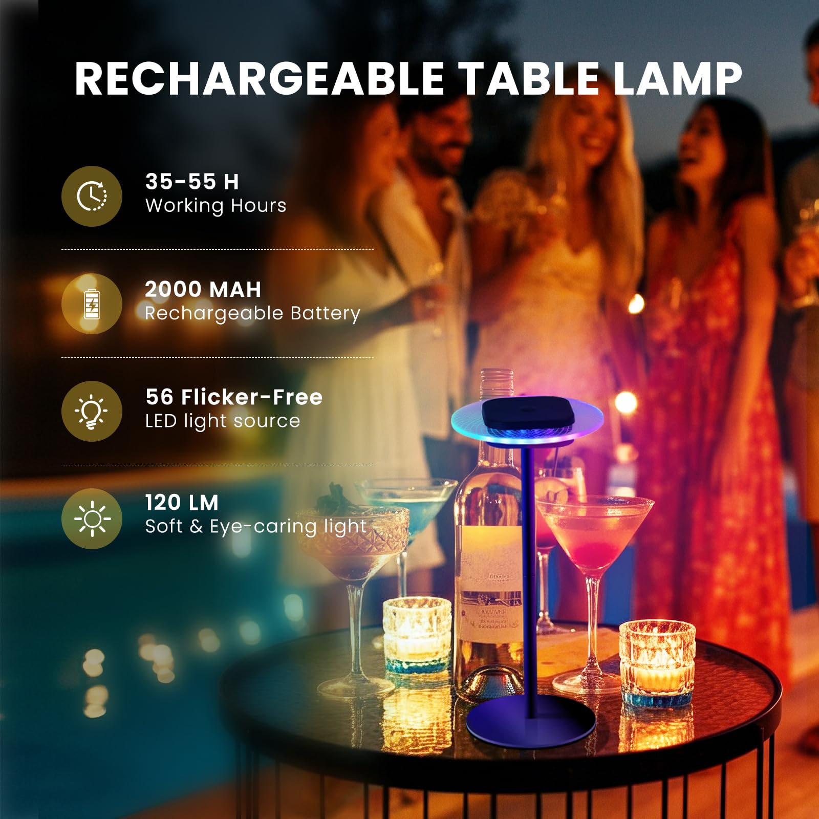 LOFTEK Cordless Table Lamps Set of 2, Rechargeable, 55 Hrs Battery Life, Touch Dimming, Portable, Black, Model CL-TD03