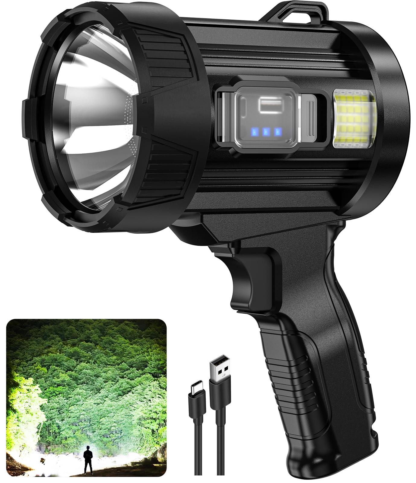 Kmivo Rechargeable Spotlight  99 000 Lumens Super Bright Handheld Led Flashlight  Outdoor Spot Light with Cob Light and Solar Panelsfor Boating Camping