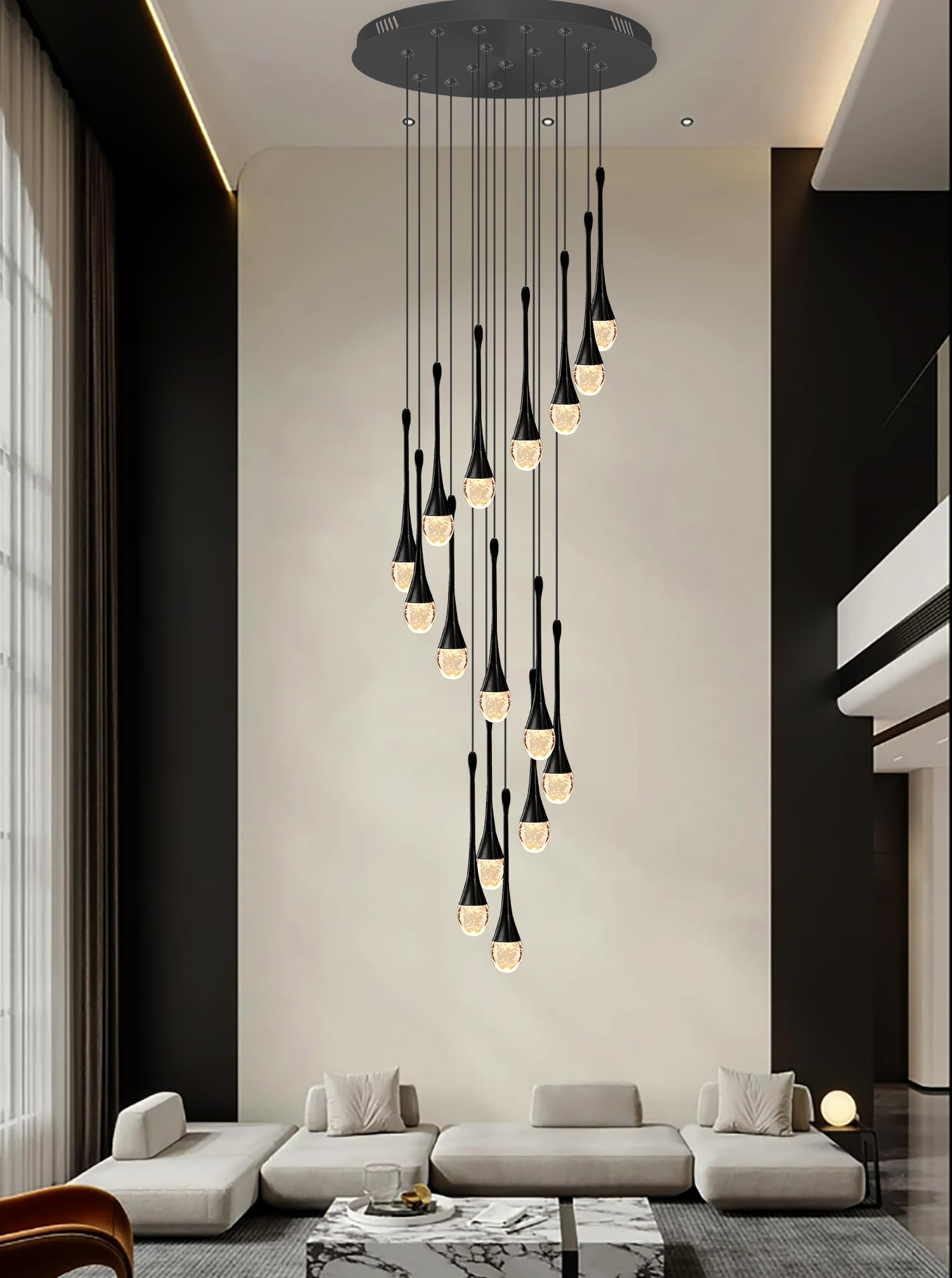 Ykolupty 120'' Bubble Crystal Raindrop Chandeliers 16-Lights Black Long Staircase Foyer High Ceiling Loft Slanted Led Dimmable Ceiling Fixtures