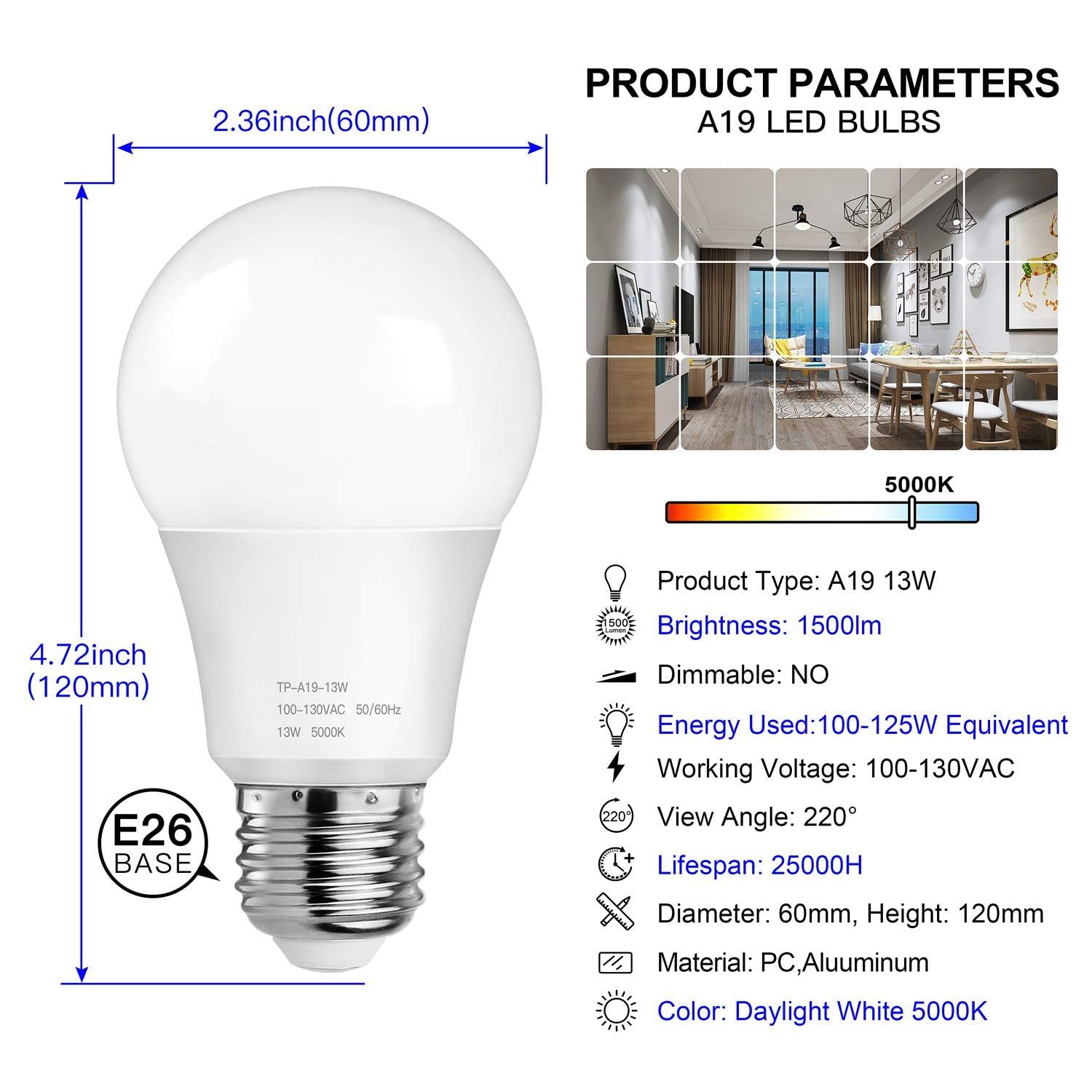 MAXvolador A19 LED Light Bulbs, 1500LM, 100-125W Equivalent, 5000K Daylight White, 13W, E26 Base, Non-Dimm