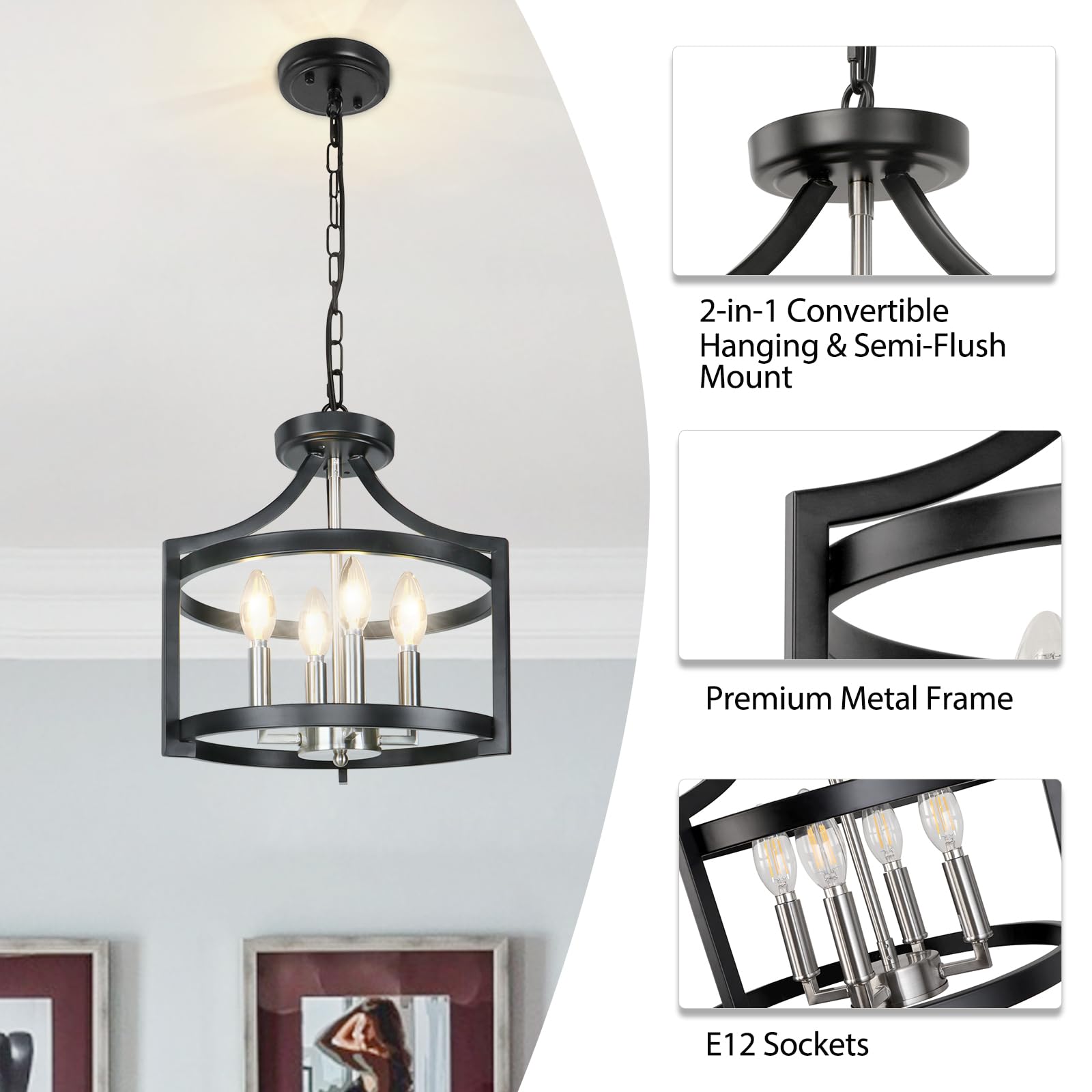 Kmaipem 4 Lights Farmhouse Chandeliers For Dining Room, Modern Chandelier Convertible Semi Flush Mount Ceiling Light Fixture For