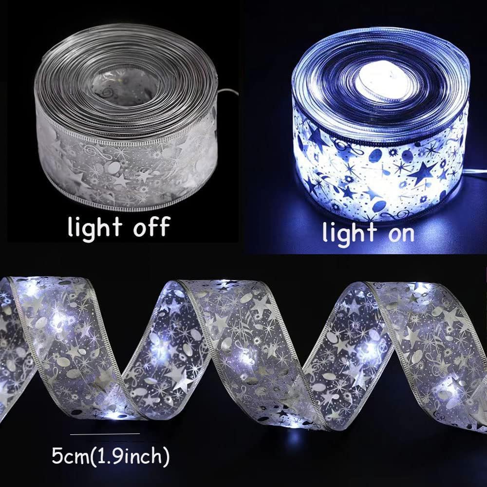 Christmas Tree Decorations Ribbon Lights, 32Ft 100 Led String Lights, Battery-Powered Copper Wire Christmas Tree Ribbon Lights For Holiday Party Weddings Indoor Christmas Tree Decorations (Silver)