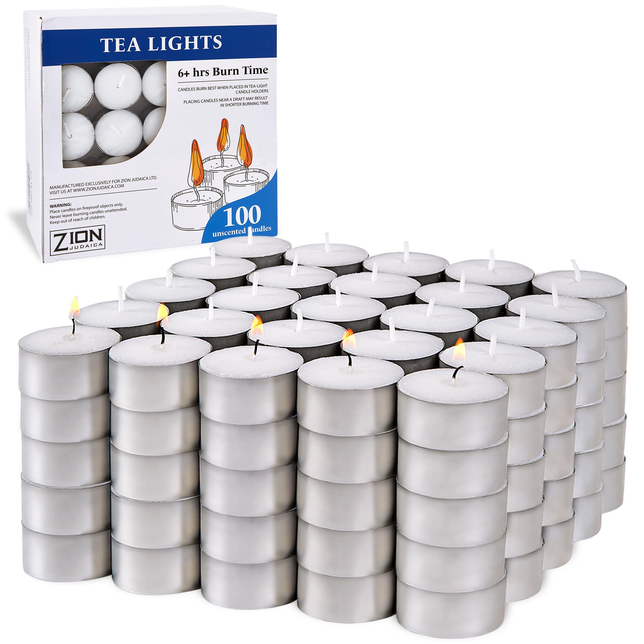 Zion Judaica enhanced Unscented Tealight Candles, 6 Hour Burn Time, Dripless, Smokeless, White, Paraffin Wax, 100 Count, Model ZJ-T