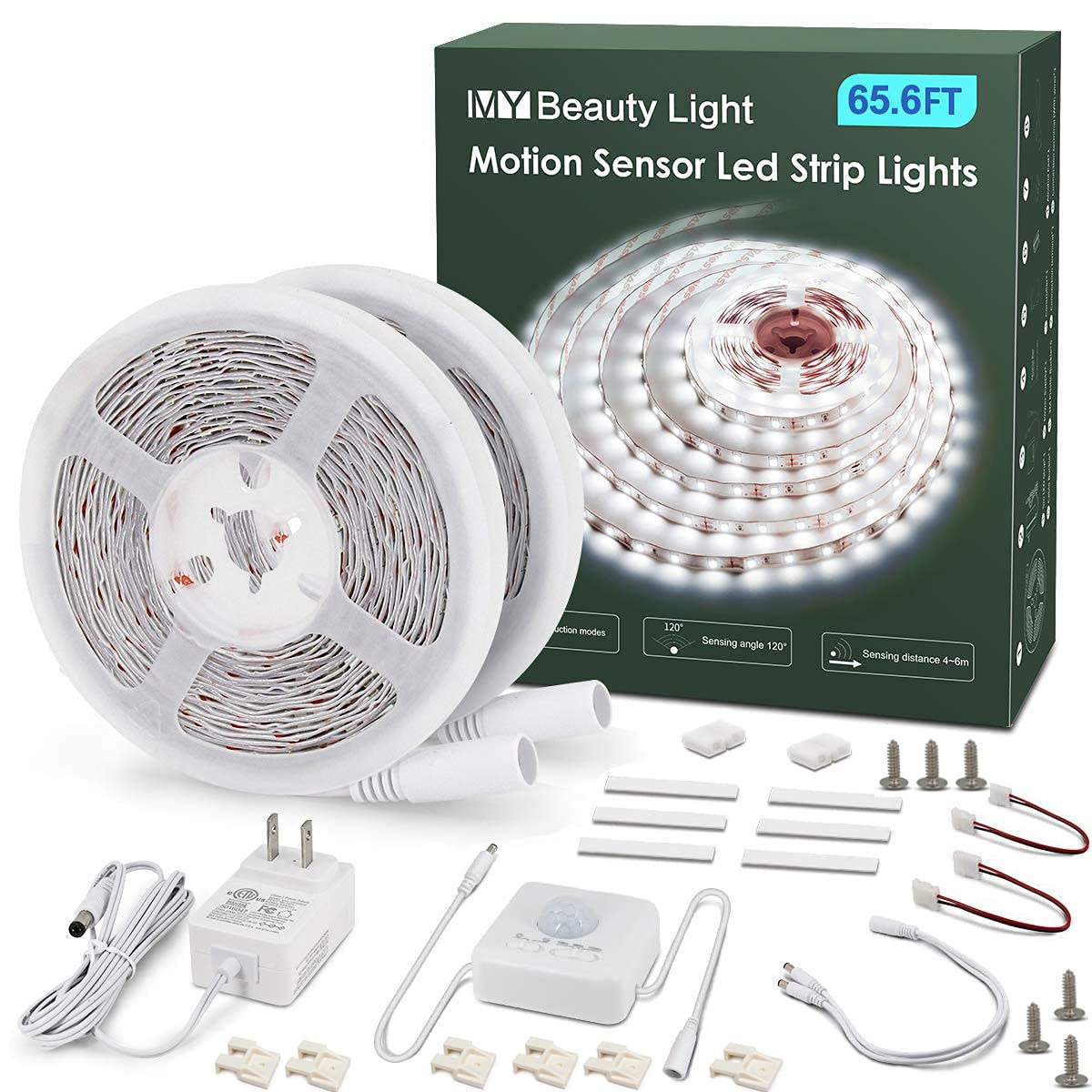 MY BEAUTY LIGHT Motion Activated LED Strip Lights, 65.6ft, Bright White, Plastic, Model RG103