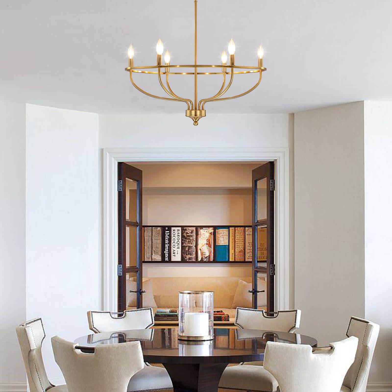 Gold Chandelier For Dining Room, 28.5 Inch Diameter Modern Farmhouse Candle Chandelier Light Fixture Over Table, 6-Light Brass C