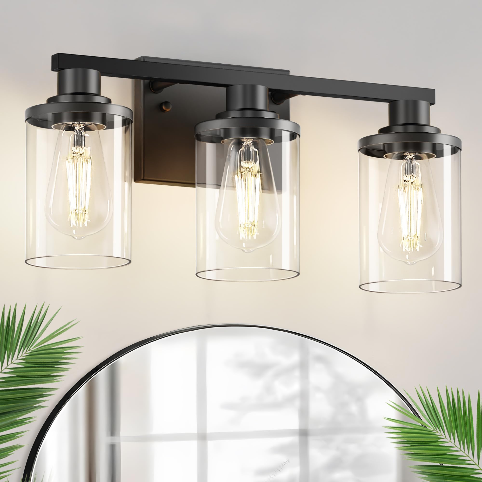 L LOHAS LED 3-Light Black Bathroom Light Fixture, Modern Vanity Lighting with Clear Glass Shade