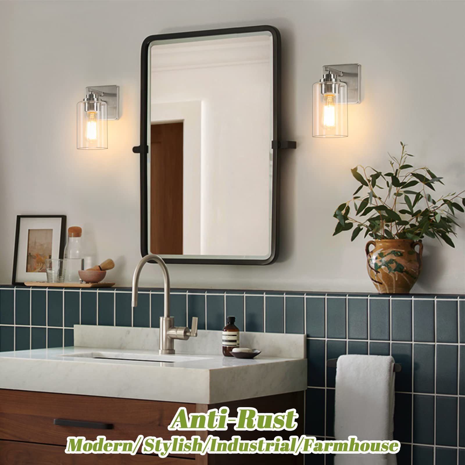 Set Of 2 Wall Sconces For Bathroom, Brushed Nickel Vanity Light Fixtures, Modern Wall Mount Lighting Lanterns, Farmhouse Wall La