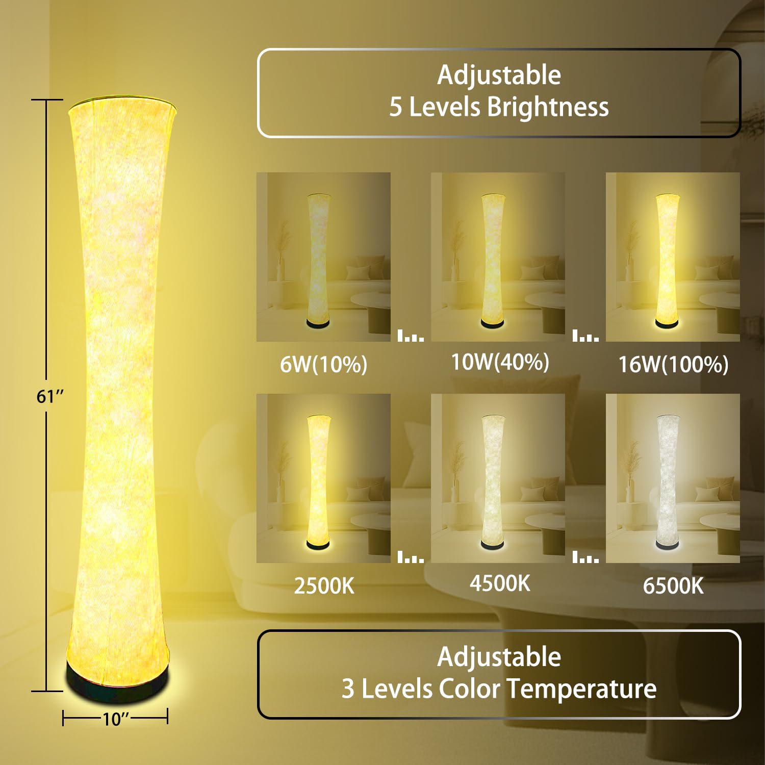 Glveaoui Floor Lamp, RGB Color Changing, Music Sync, APP Remote Control, 61in Standing Lamp, White, Polyester