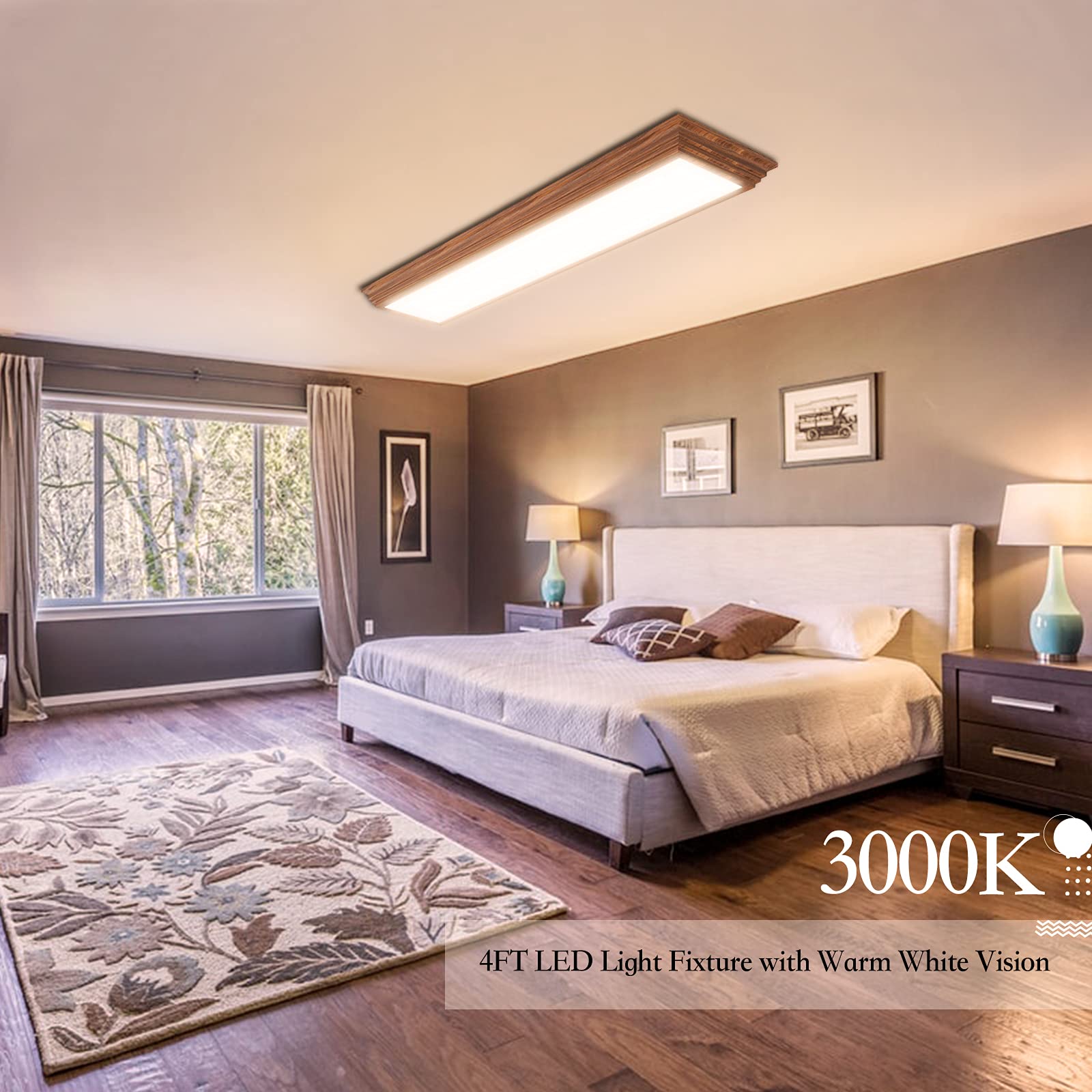 Faithsail 4Ft Led Light Fixture With 3000K/4000K/5000K Cct Selectable Dimmable 4 Foot Led Linear With Wooden Look 50W 5500Lm Flu