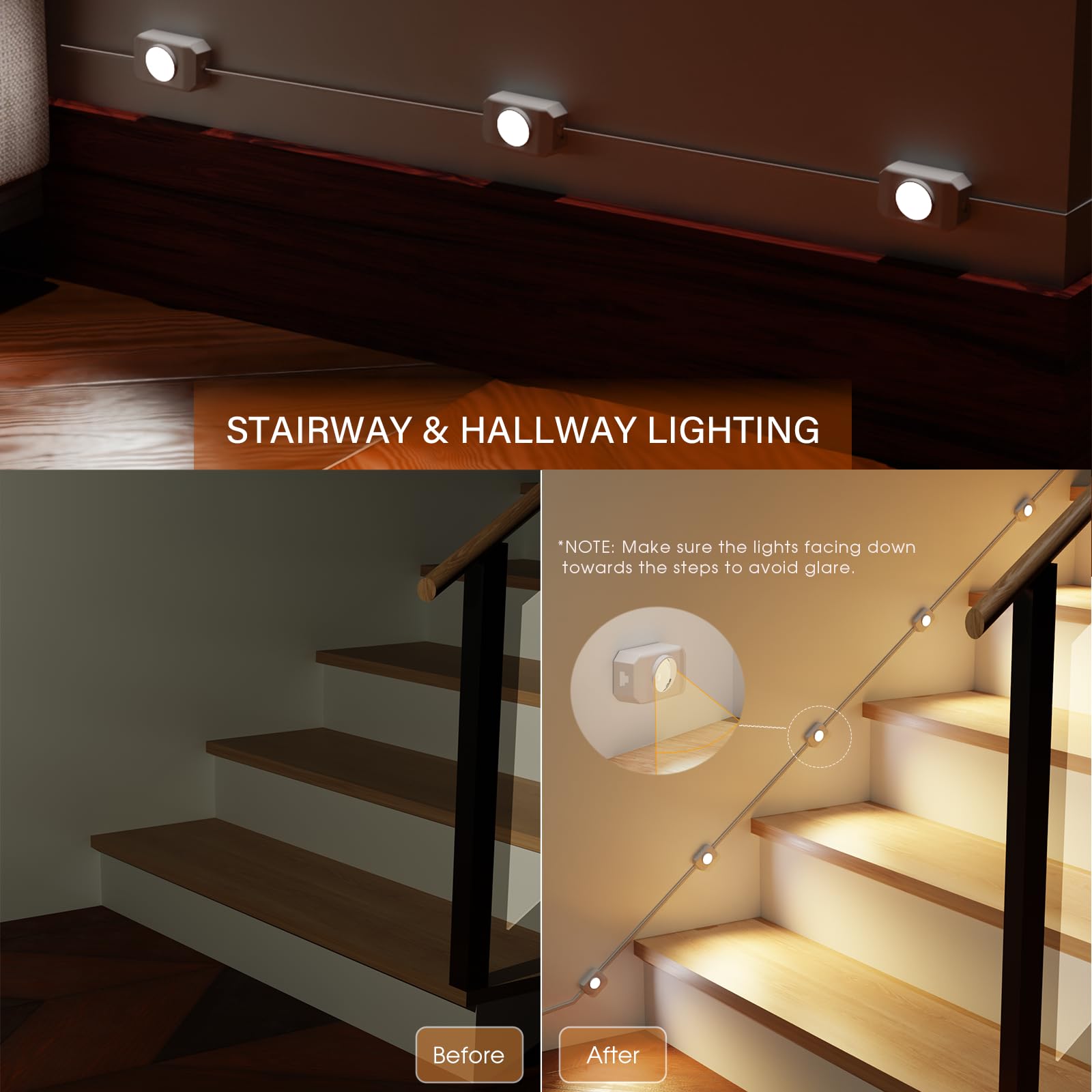 Ameistor Smart Stair Lights - Motion Sensor, Dimmable, 3000K-6000K, 16 Pack, Plastic, Model WSPSD05