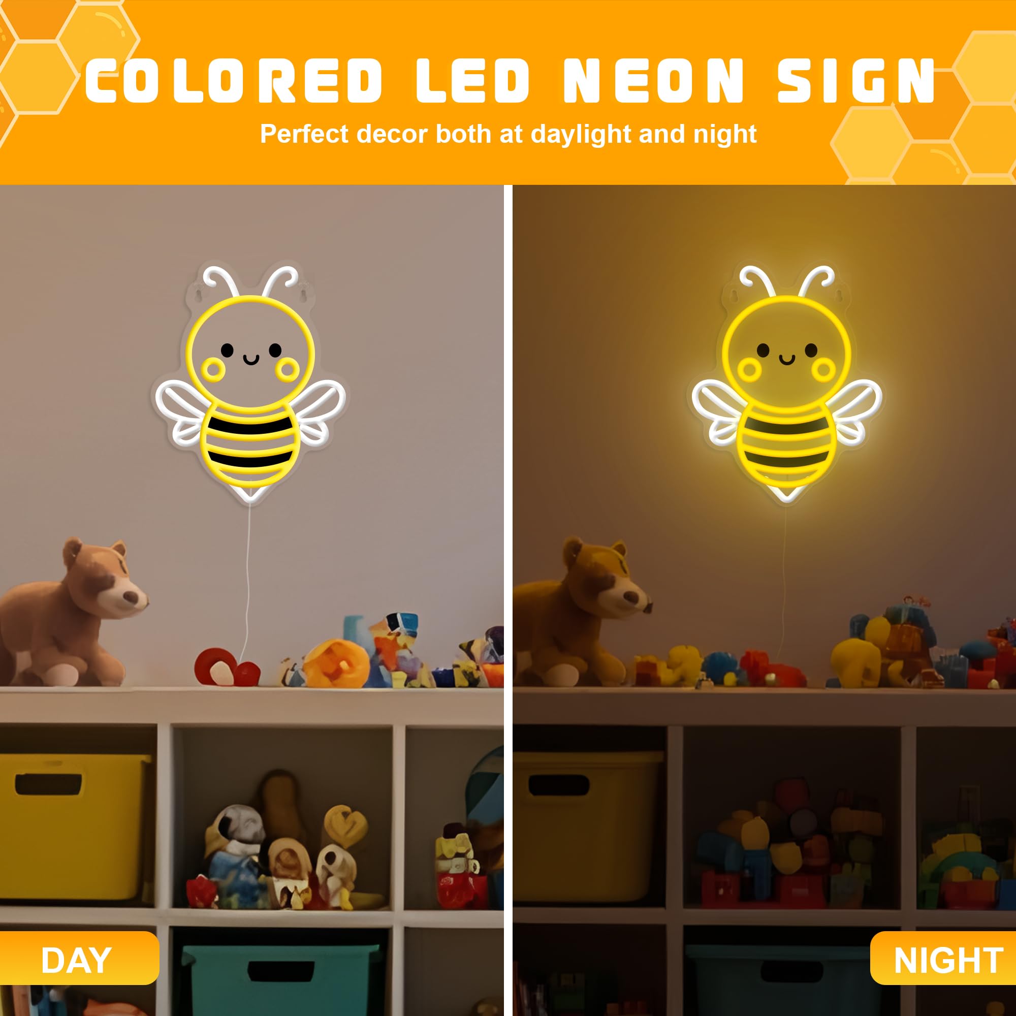 OkiyiD Bee Neon Sign Wall Art - USB-Powered, Energy-Saving Light, 11.8"x11.8", Perfect for Bedroom, Living Room, Office, and Garden