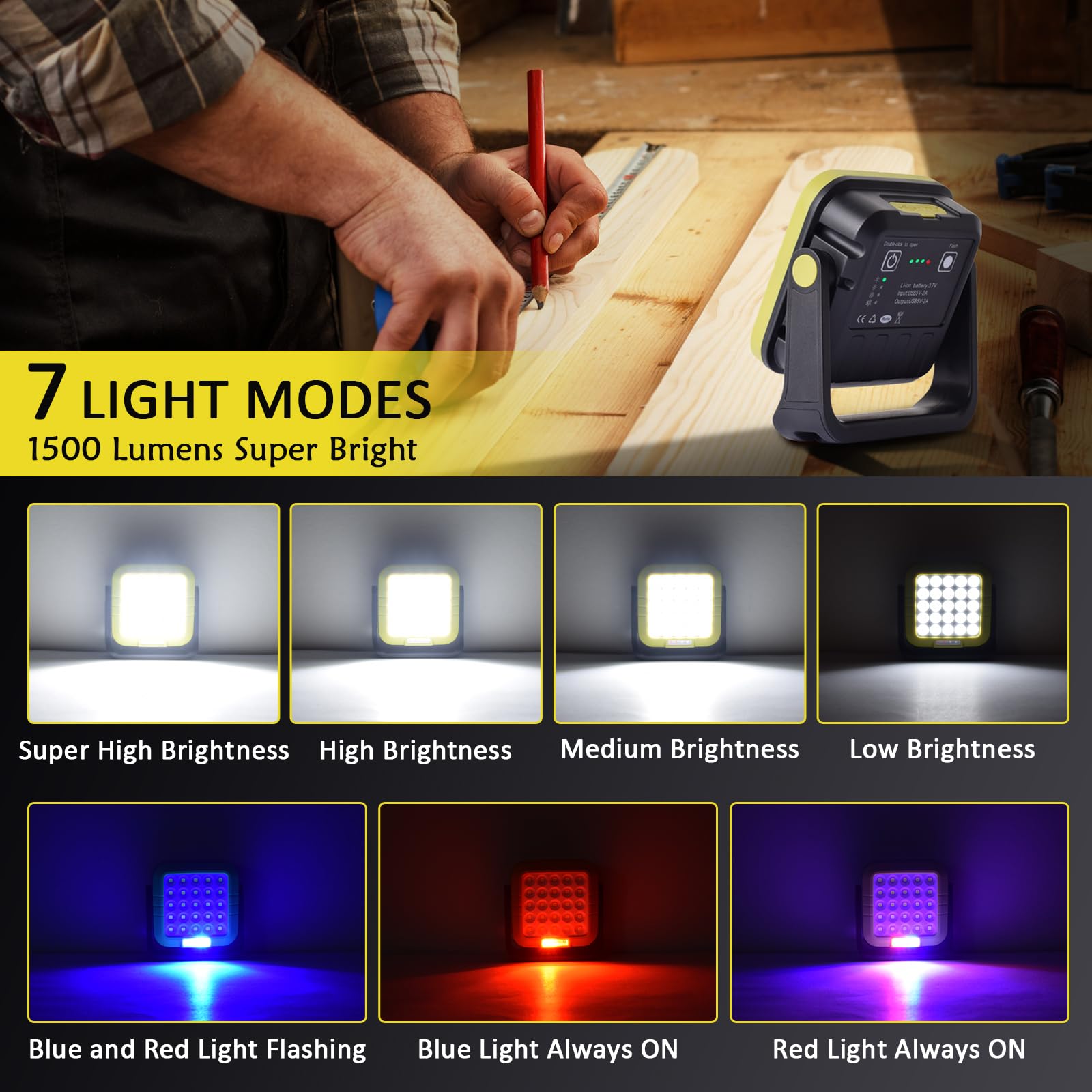 Masmejor 30W Rechargeable LED Work Light - 1500LM, Waterproof, Magnetic Base, 360 Rotating, 7 Modes for Auto Repair, Emergency,