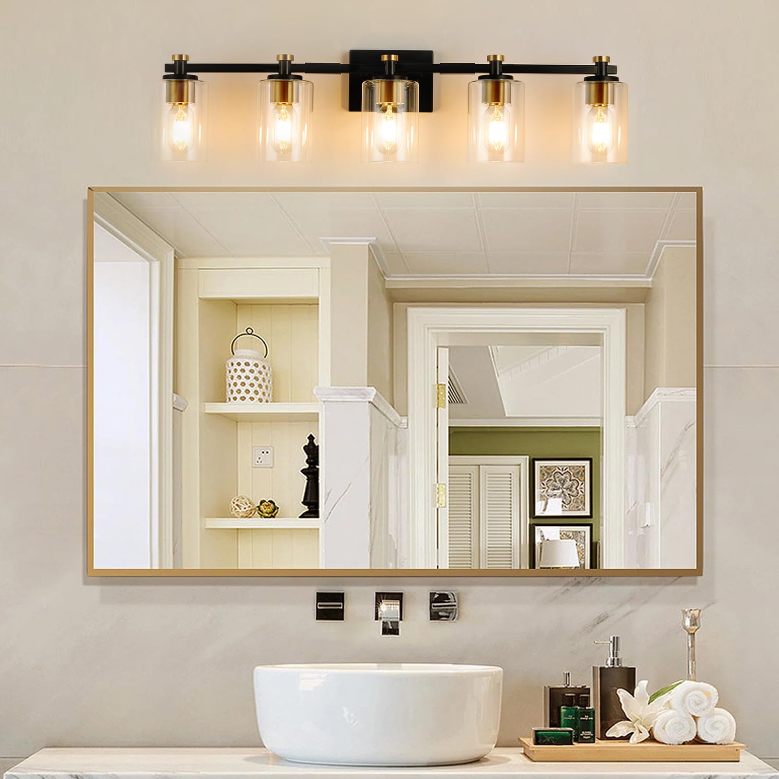 Jdvads 5 Light Bathroom Vanity Light Fixture, Black and Gold, Clear Glass Shade, Model VL001-5-BG