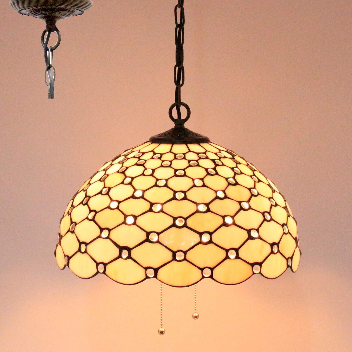 WERFACTORY Tiffany Pendant Light Fixture, Cream Amber Bead, 16 Inch Hanging Lamp, Large, S005 Series