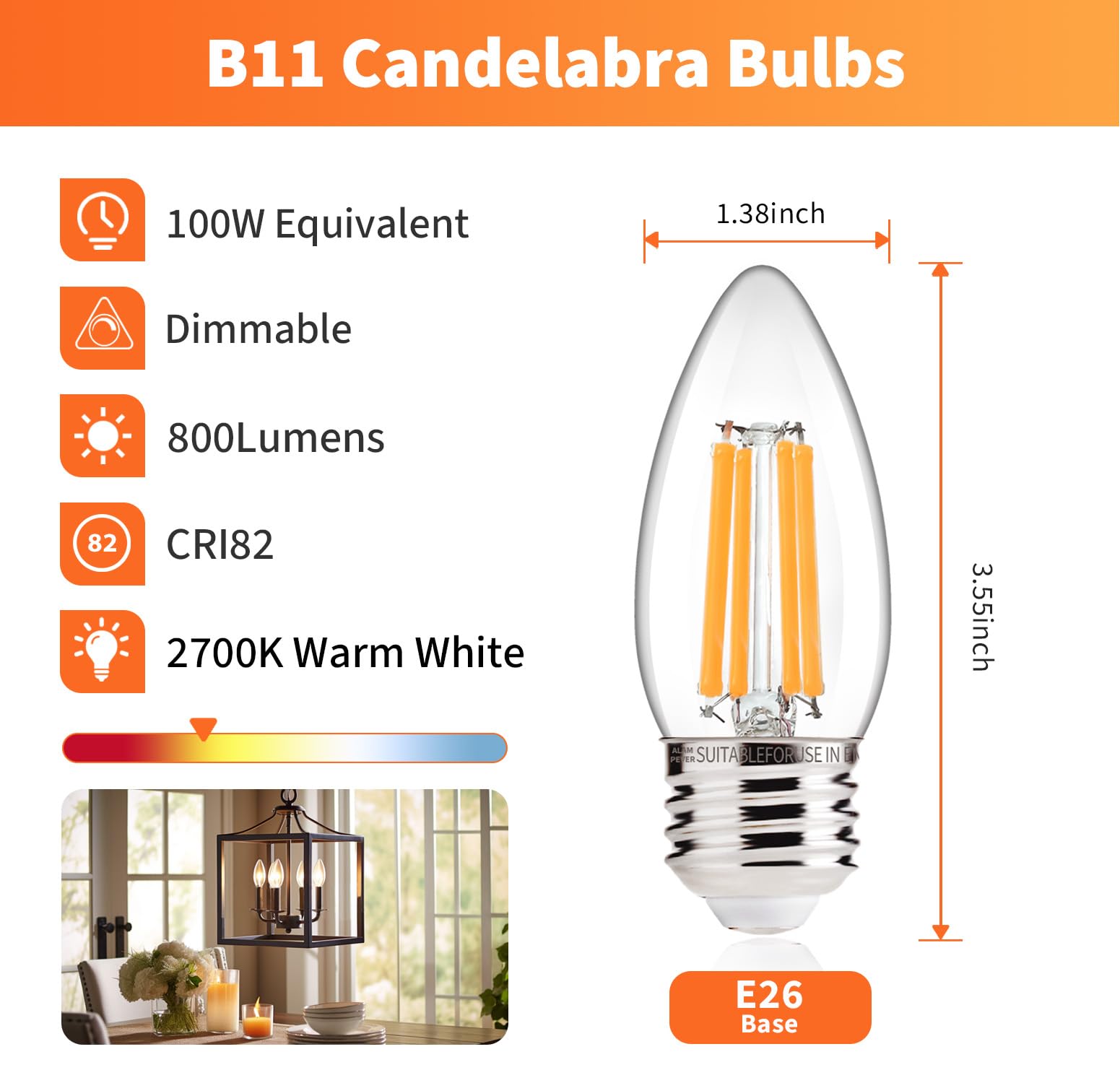 Alampever 800Lm Super Bright Dimmable Led Light Bulb, E26 Led Bulb 100 Watt Equivalent, B11 2700K Soft White Led Candelabra Bulb
