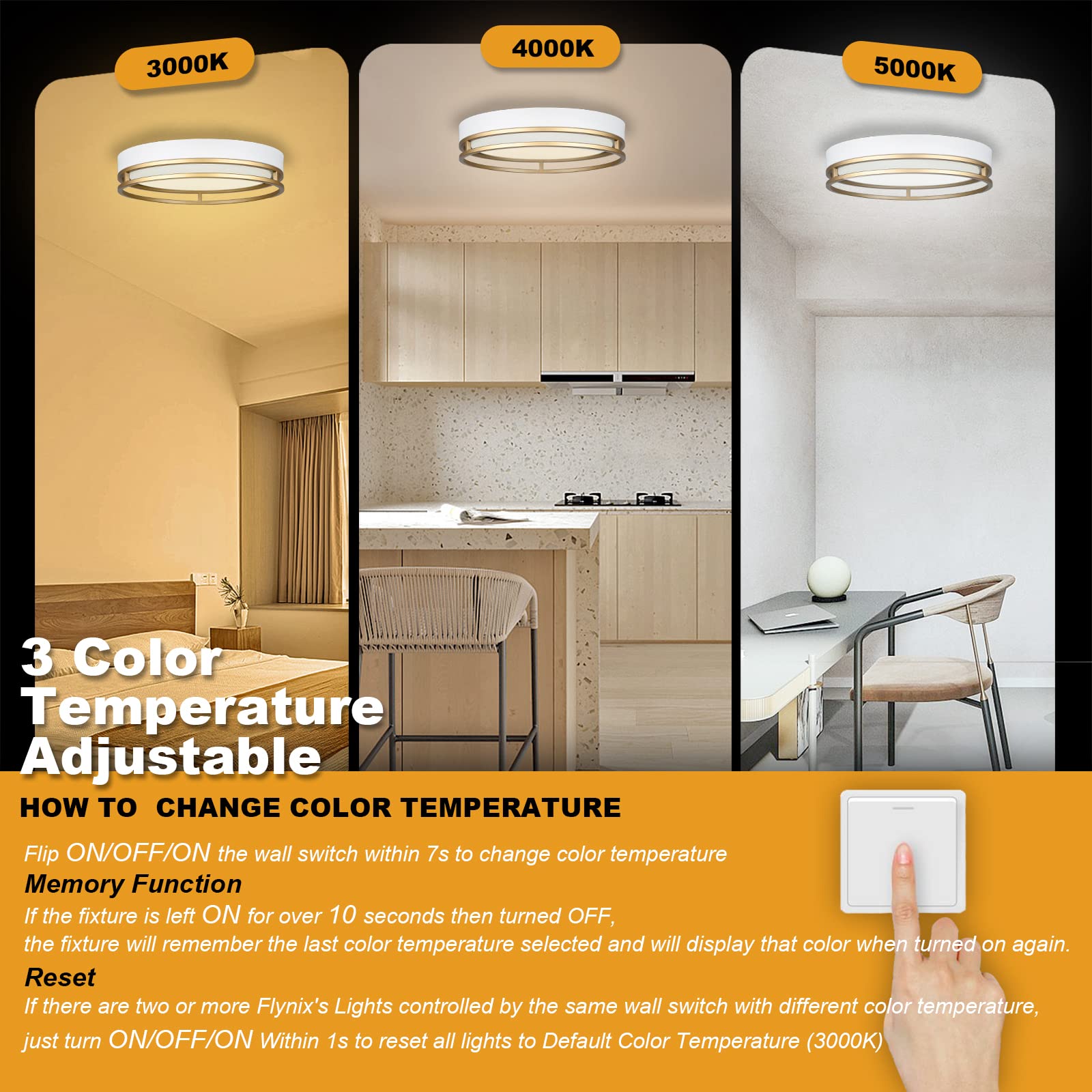 Flynix 12.5" LED Flush Mount Ceiling Light, 26W, 1700 Lumens, Dimmable, 3 Color Options, White Gold - Model PL-LF132