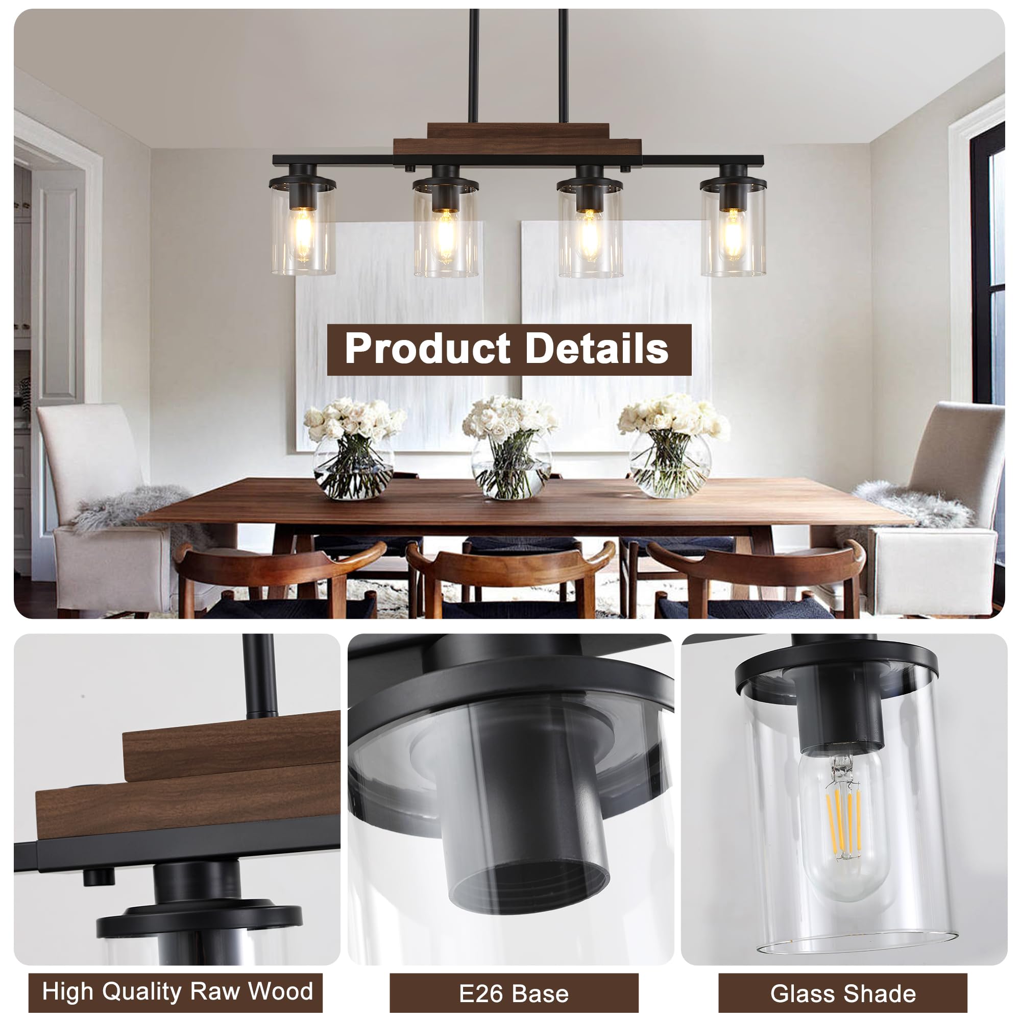 Pendant Lights Kitchen Island, 4-Light Farmhouse Chandeliers For Dining Room, Black Linear Chandelier With Clear Glass Shades, M