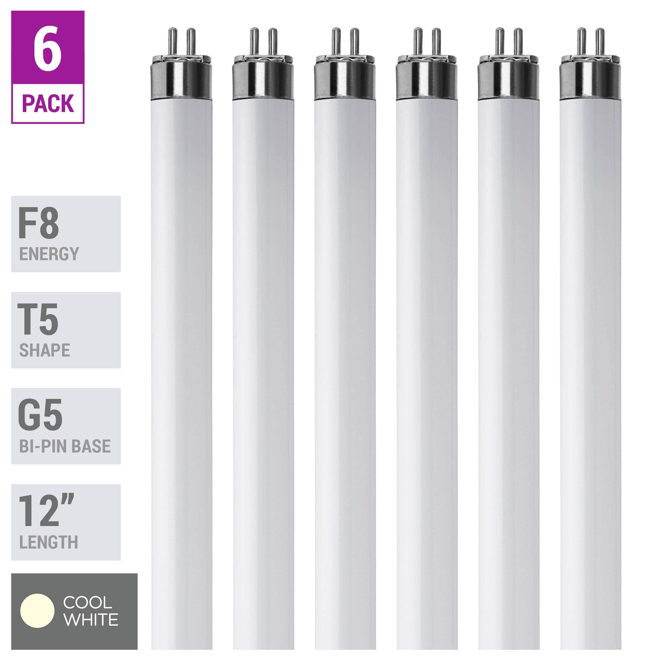KOR T5 Fluorescent Light Bulbs - 8 Watt, 4100K Cool White, 12in - Pack of 6