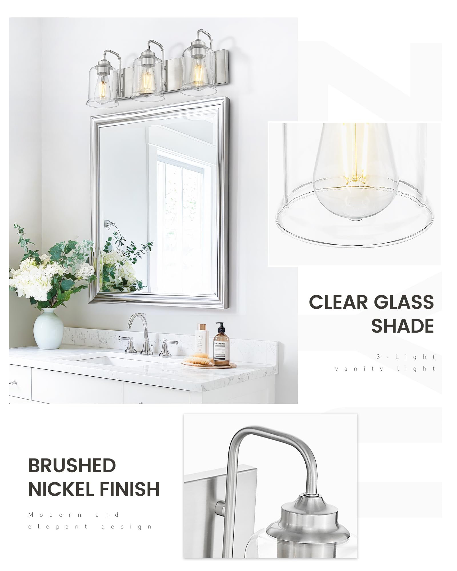 Zeyu 20.5 Inch Modern Bathroom Vanity Lamp, 3-Light Wall Mirror Light For Bathroom, Brushed Nickel Finish With Clear Glass Shade