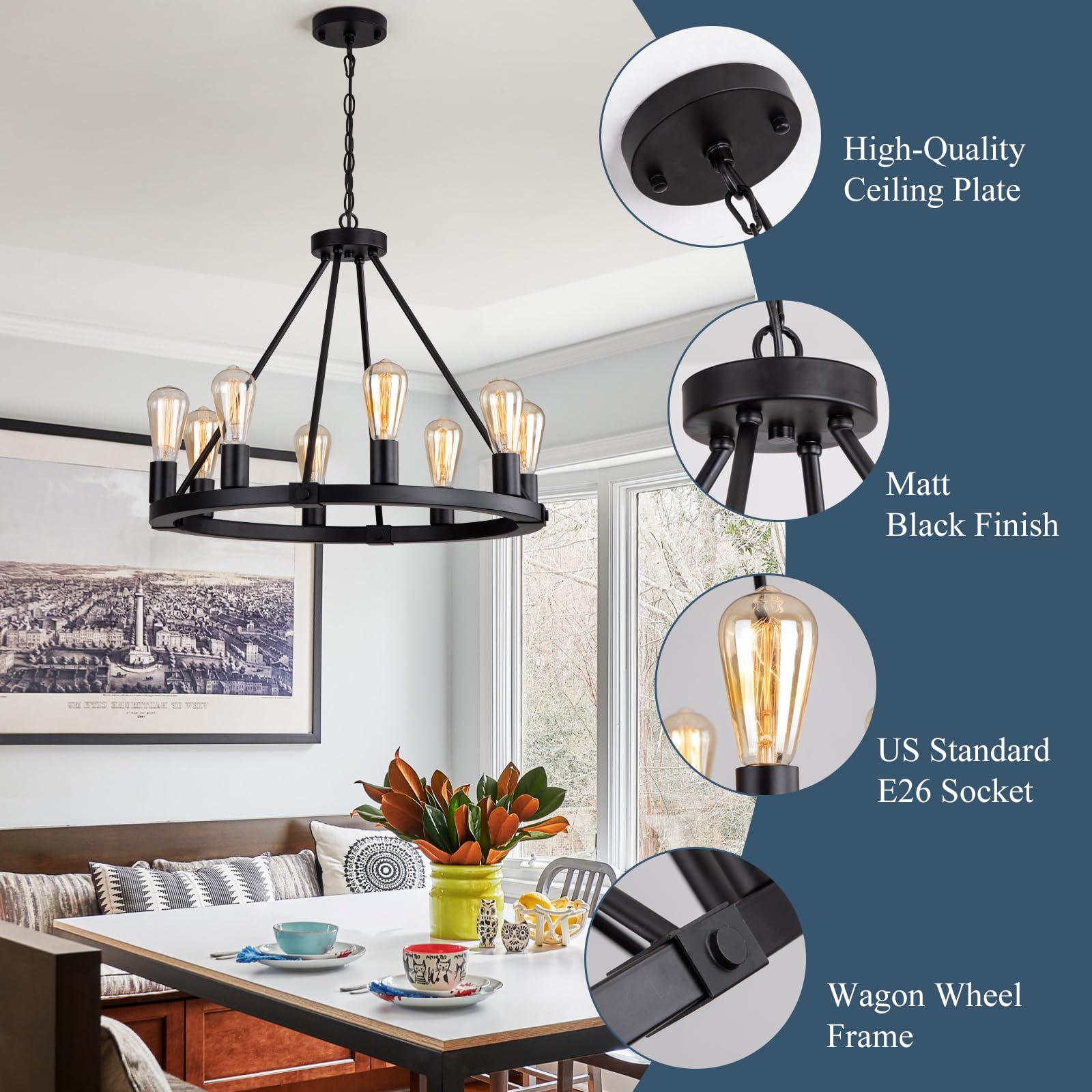 9Mmml 23.6&quot; 8 Lights Wagon Wheel Chandelier,Black Metal Round Industrial Vintage Kitchen Island Pendant Light For Living Dining Room Foyer Entryway,Height Adjustable,E26.