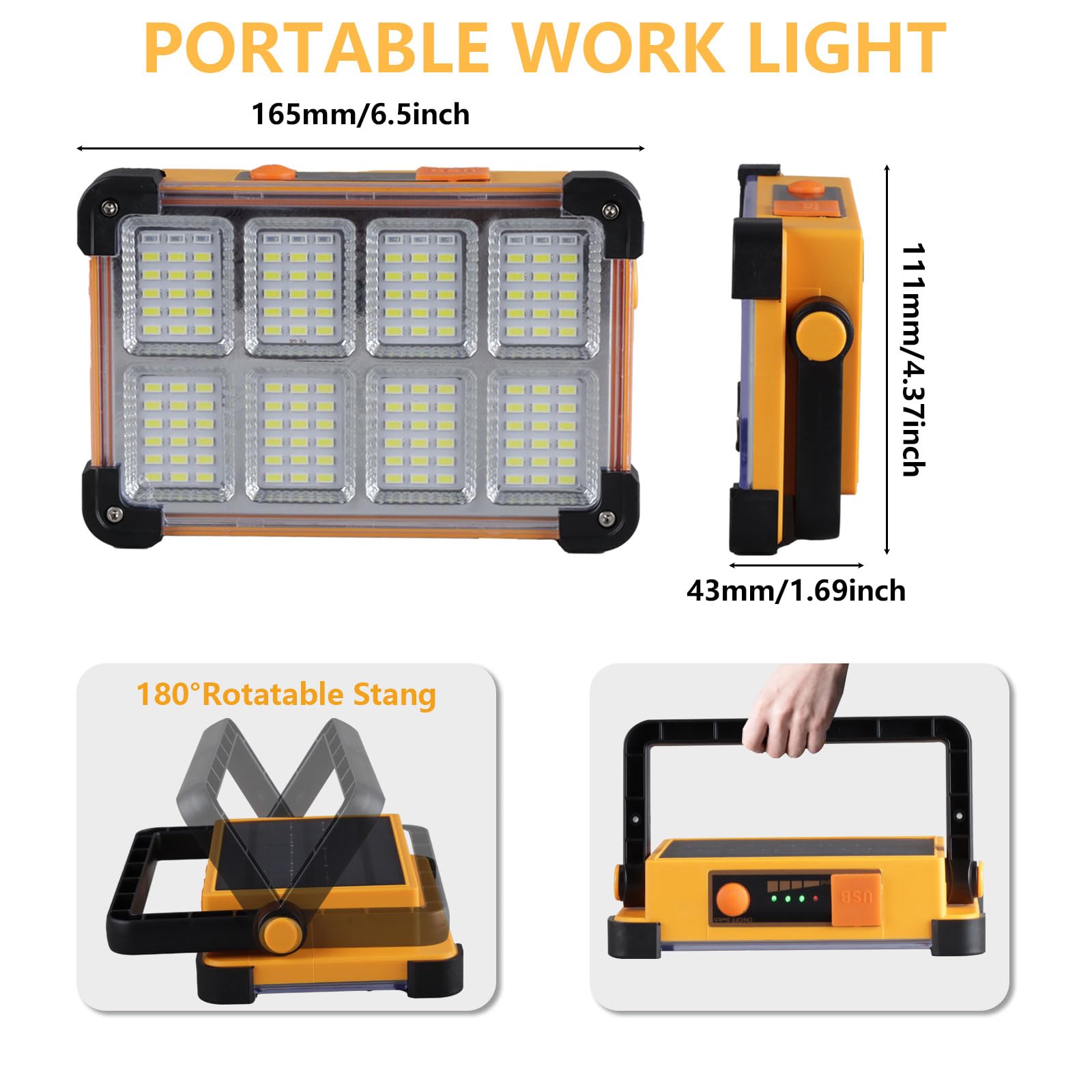 120W Solar Rechargeable Work Light, 144 Led 10000Lm Portable Flood Light With Stand, Ip66 Waterproof Power Bank 4 Modes Led Job