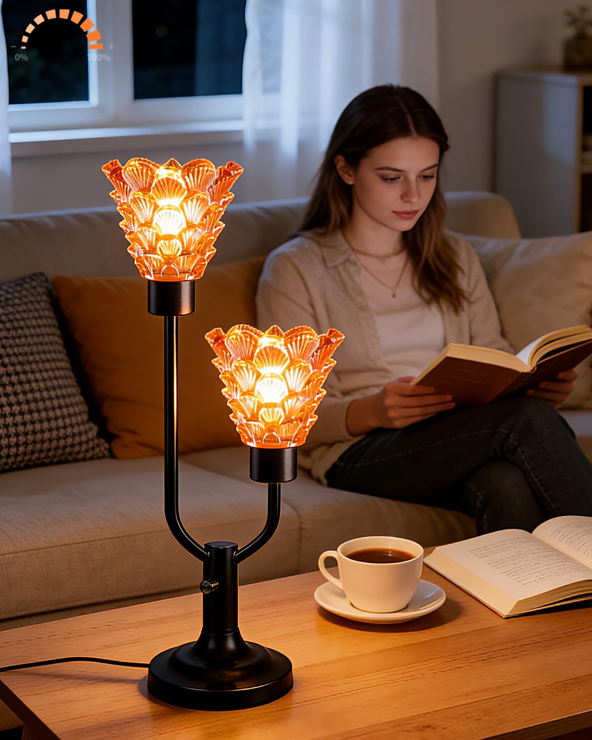 Lightdot Flower Glass Table Lamp Dimmable 2-Light Mid Century Modern Black Desk Lamp with Brown Glass Shade& Bulb Included 3000K Warmwhite Nightstand Lamp for Bedroom Bedside End Table