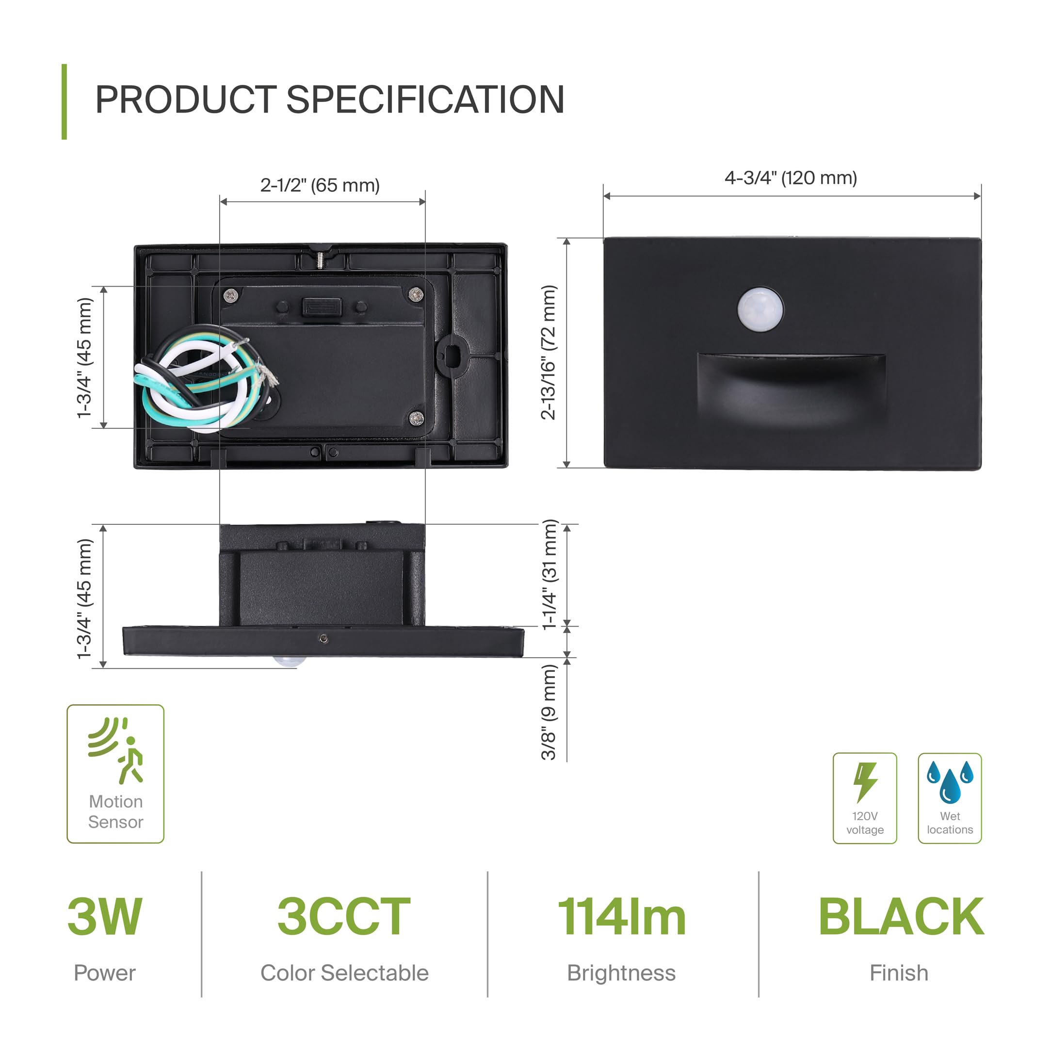 ASD LED Recessed Step Light Fixture 3W 120LM Motion Sensor 4.75 Inch Black Model A-LSTL-HN3CCMS-BK