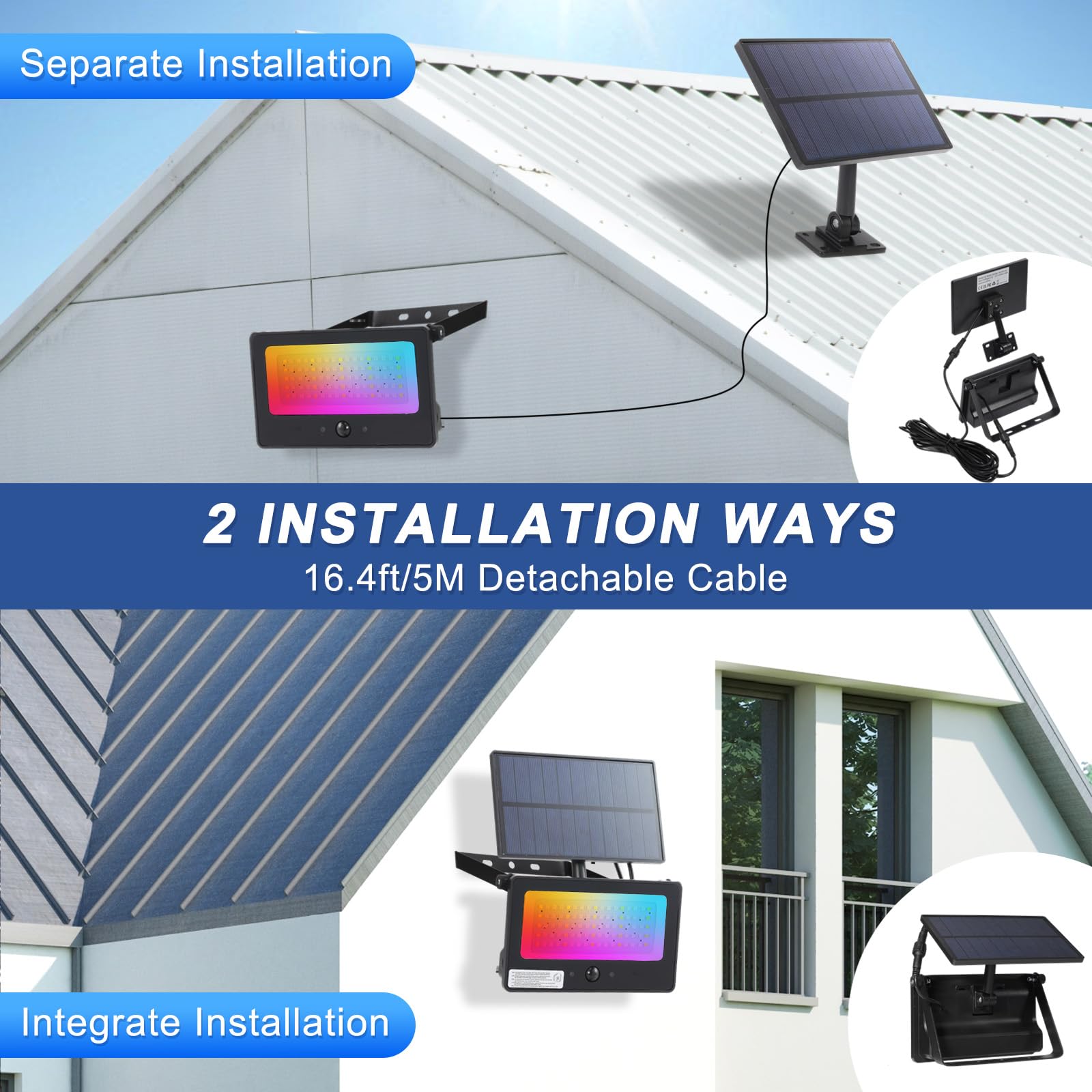 Galavasen Solar Color Changing Flood Lights, 16.4FT Cable, RGB, Waterproof, Remote Control, Model YL-06202-0020W-145190-HA, Multicolor
