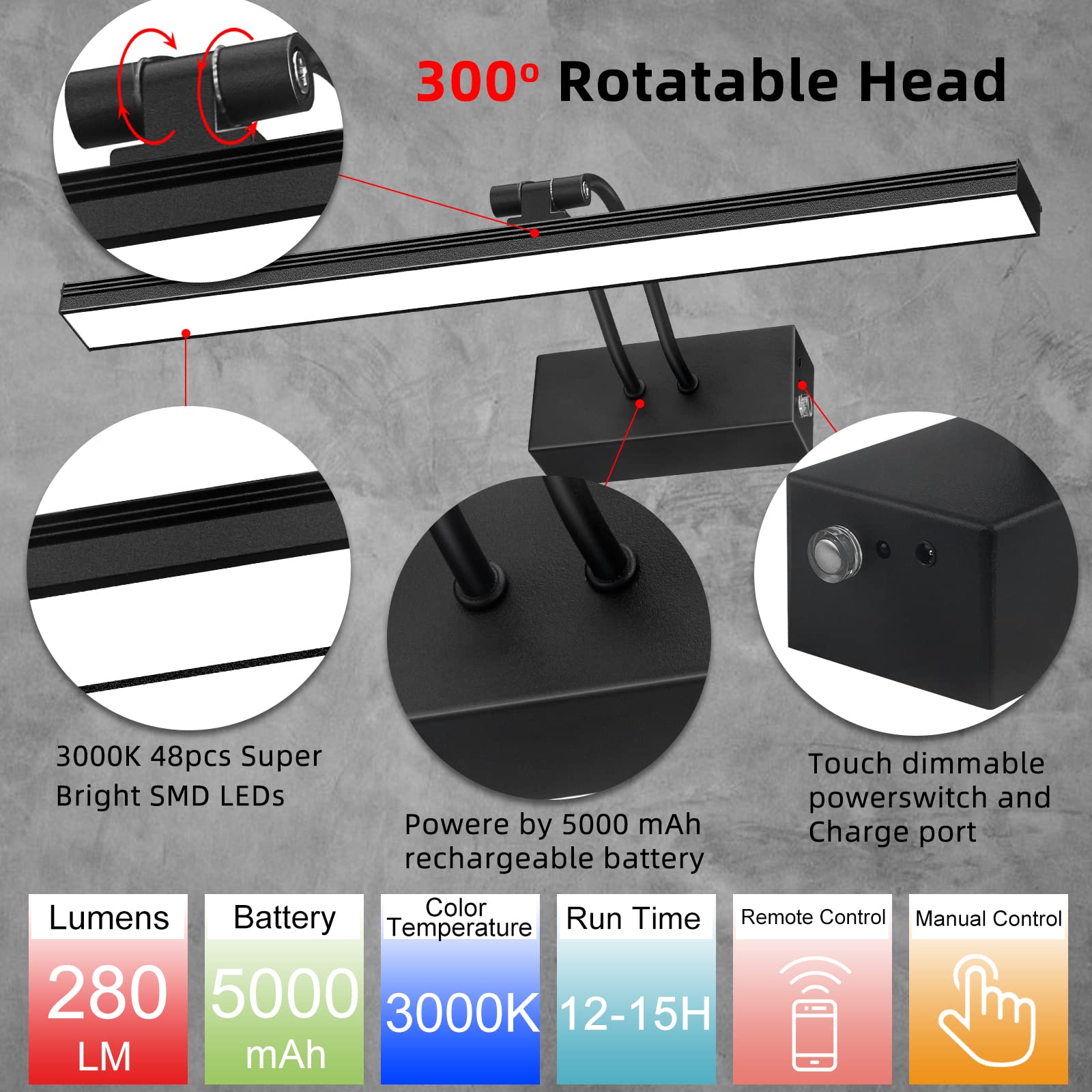 Funchday Picture Light,3Cct Battery Picture Light For Wall,Wireless Remote Painting Light With Timer And Dimmable,16”Metal Art Light For Display,Wall,Artwork,Portrait,Gallery (Black-L)