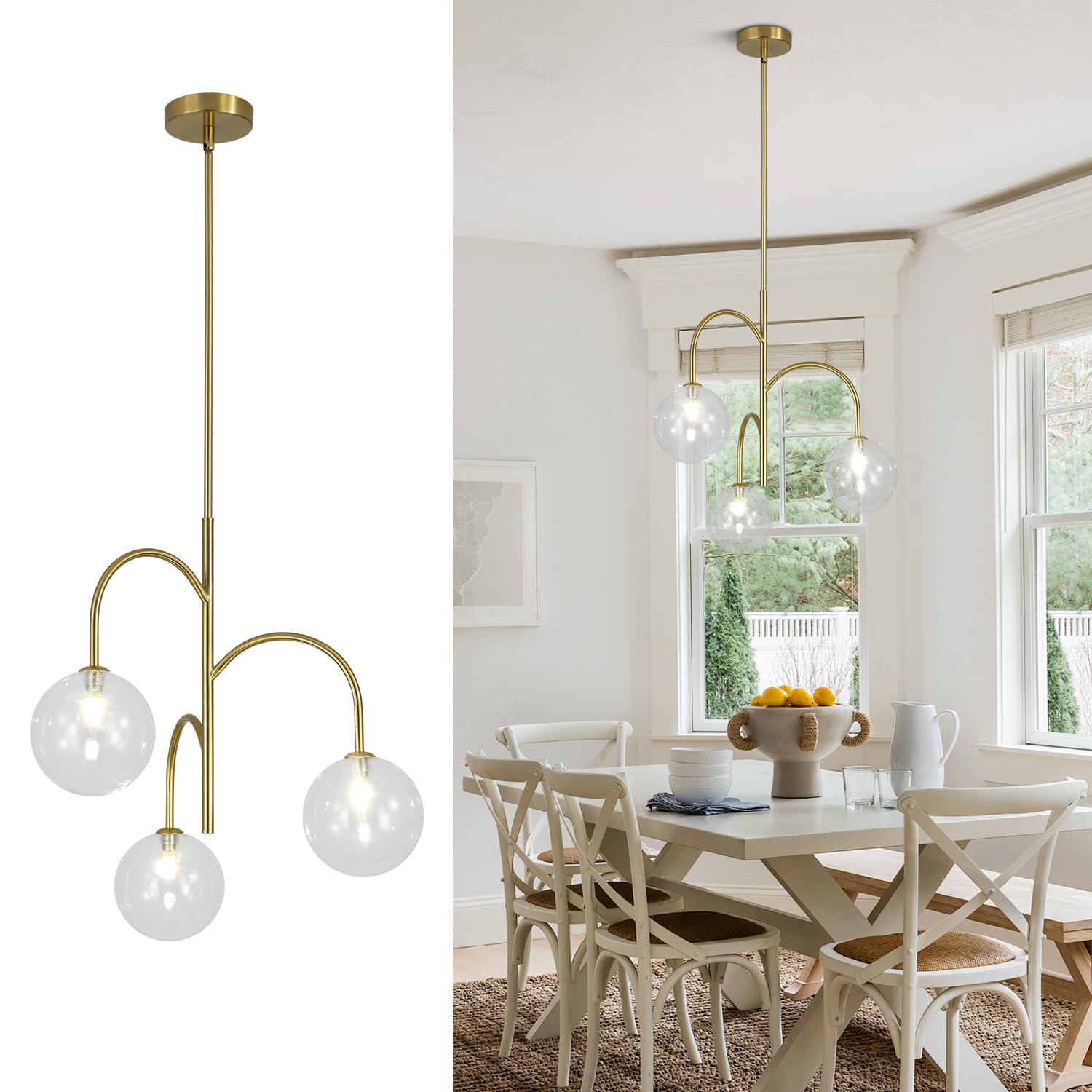 Flyrose Modern Gold Globe Pendant Lighting 3-Light Clear Glass Bubble Chandelier Mid Century Sputnik Light Fixture Brushed Brass