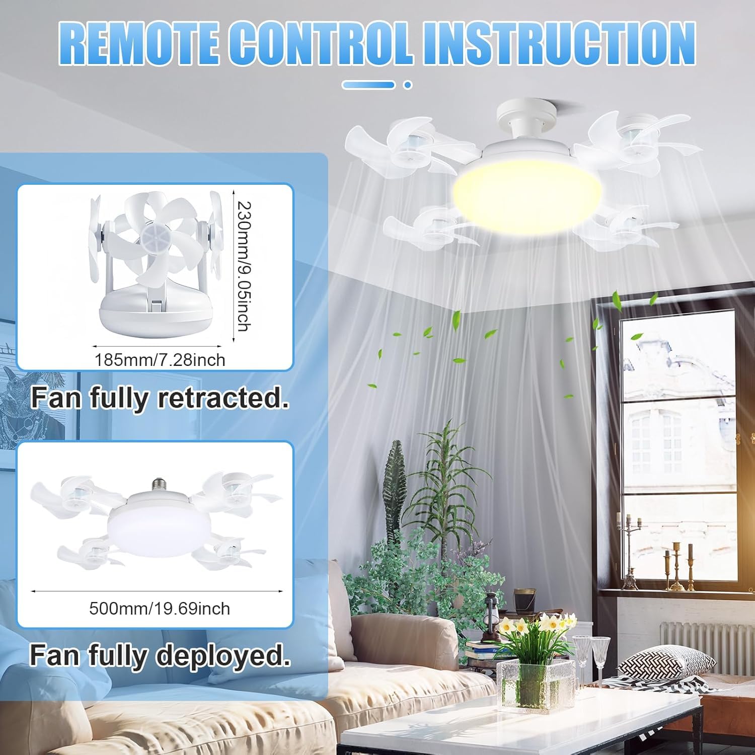 Socket Fan Light with Lights Ceiling Fans with Remote and App Control 3 Colors 3000K-6500K 2800 Lumens Light Bulb Fan Screw in S