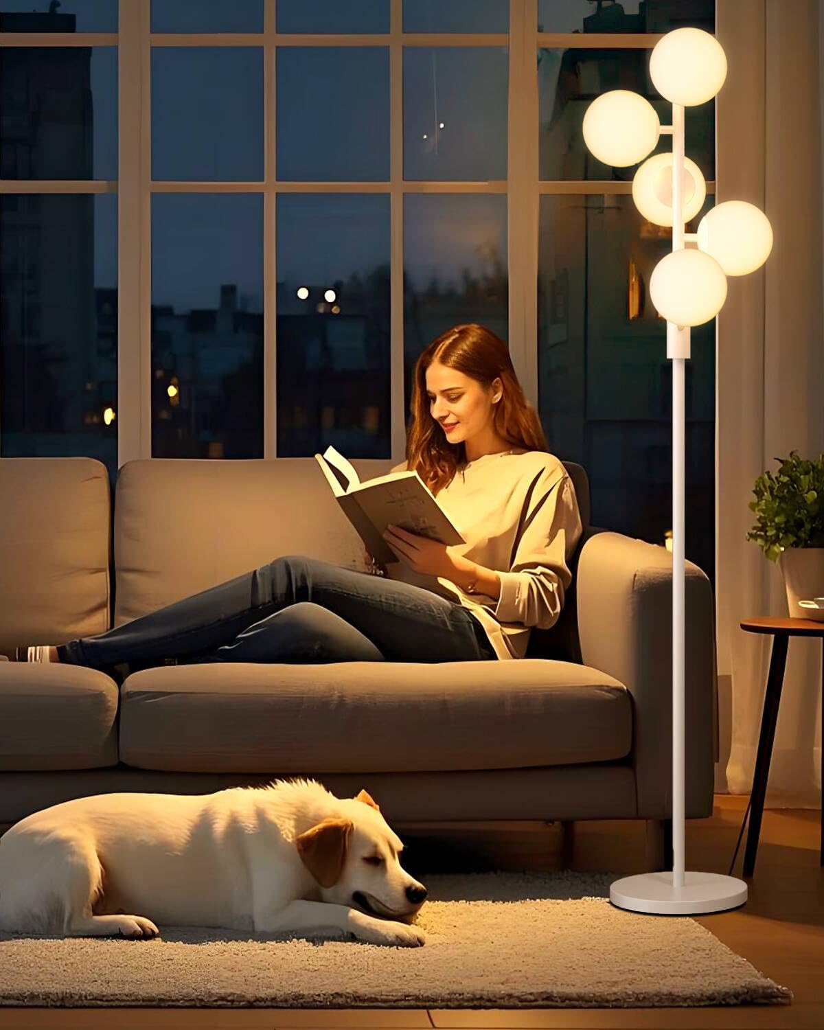 ACOHOOK 64IN Dimmable White Floor Lamp, Tall Standing Lamps with 5 Globe Soft Warm White Eye Care 3000K G9 Bulbs, Mid Century Mo