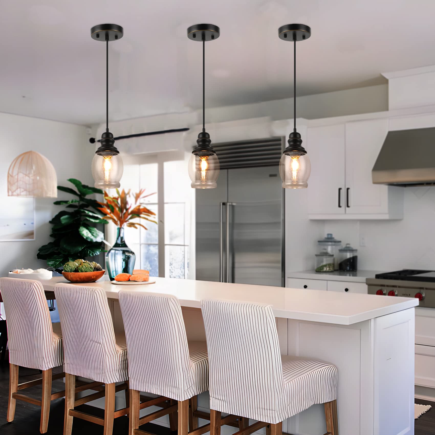 Wilon Mini Pendant Lights For Kitchen, Seeded Glass Pendant Light Fixtures Farmhouse Pendant Lighting Metal Black Pendant Light